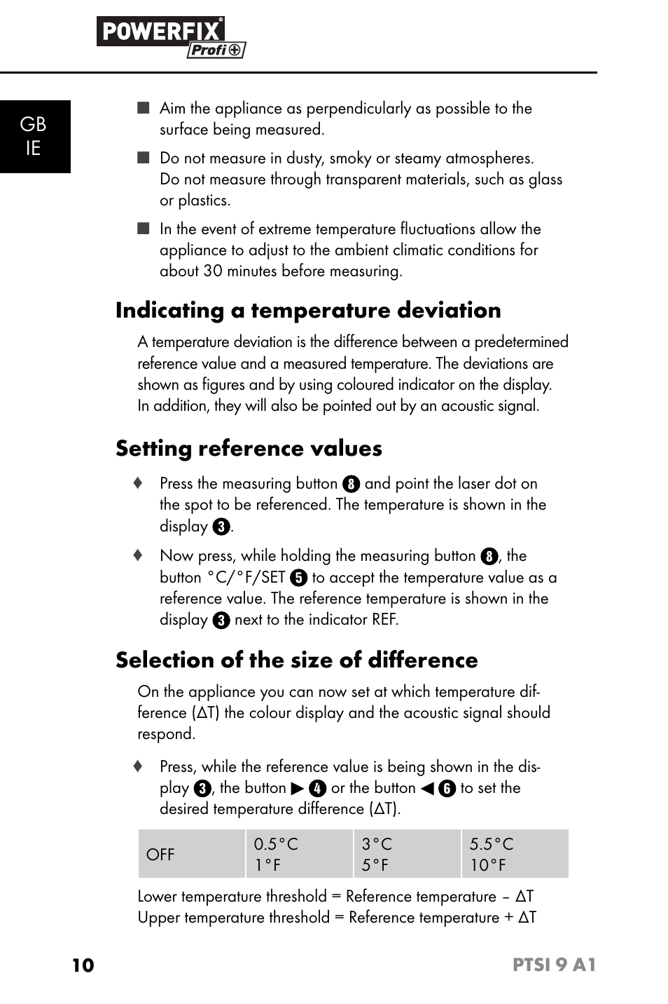 Indicating a temperature deviation, Setting reference values, Selection of the size of diﬀ erence | Gb ie | Powerfix PTSI 9 A1 User Manual | Page 13 / 115