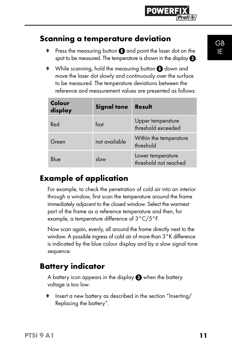 Scanning a temperature deviation, Example of application, Battery indicator | Gb ie | Powerfix PTSI 9 A1 User Manual | Page 14 / 115