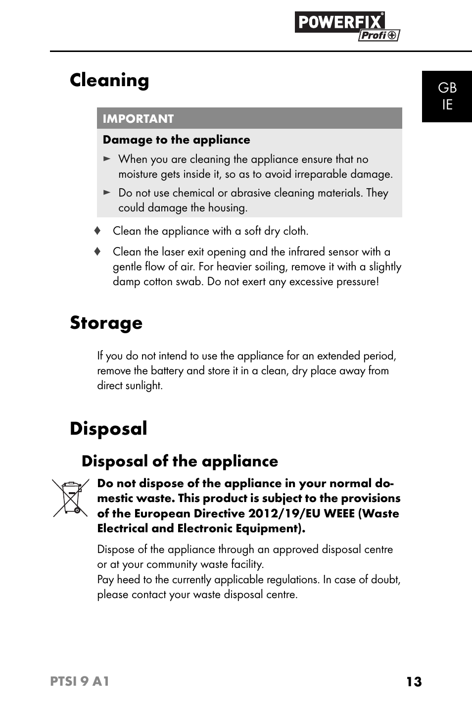 Cleaning, Storage, Disposal | Disposal of the appliance | Powerfix PTSI 9 A1 User Manual | Page 16 / 115