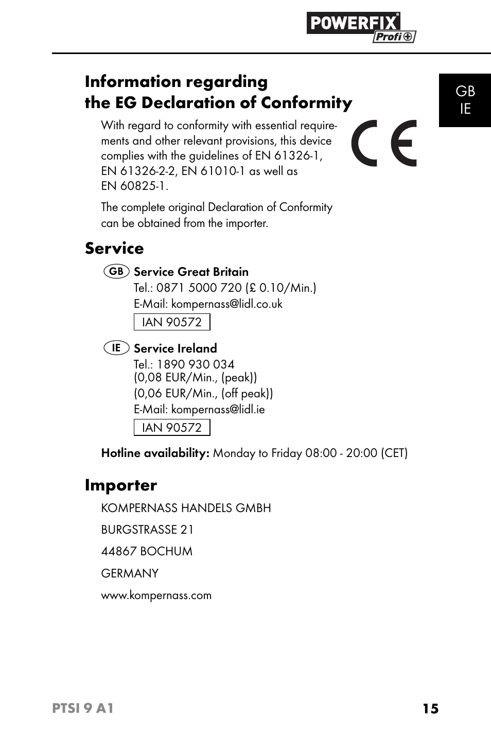 Service, Importer, Gb ie | Powerfix PTSI 9 A1 User Manual | Page 18 / 115