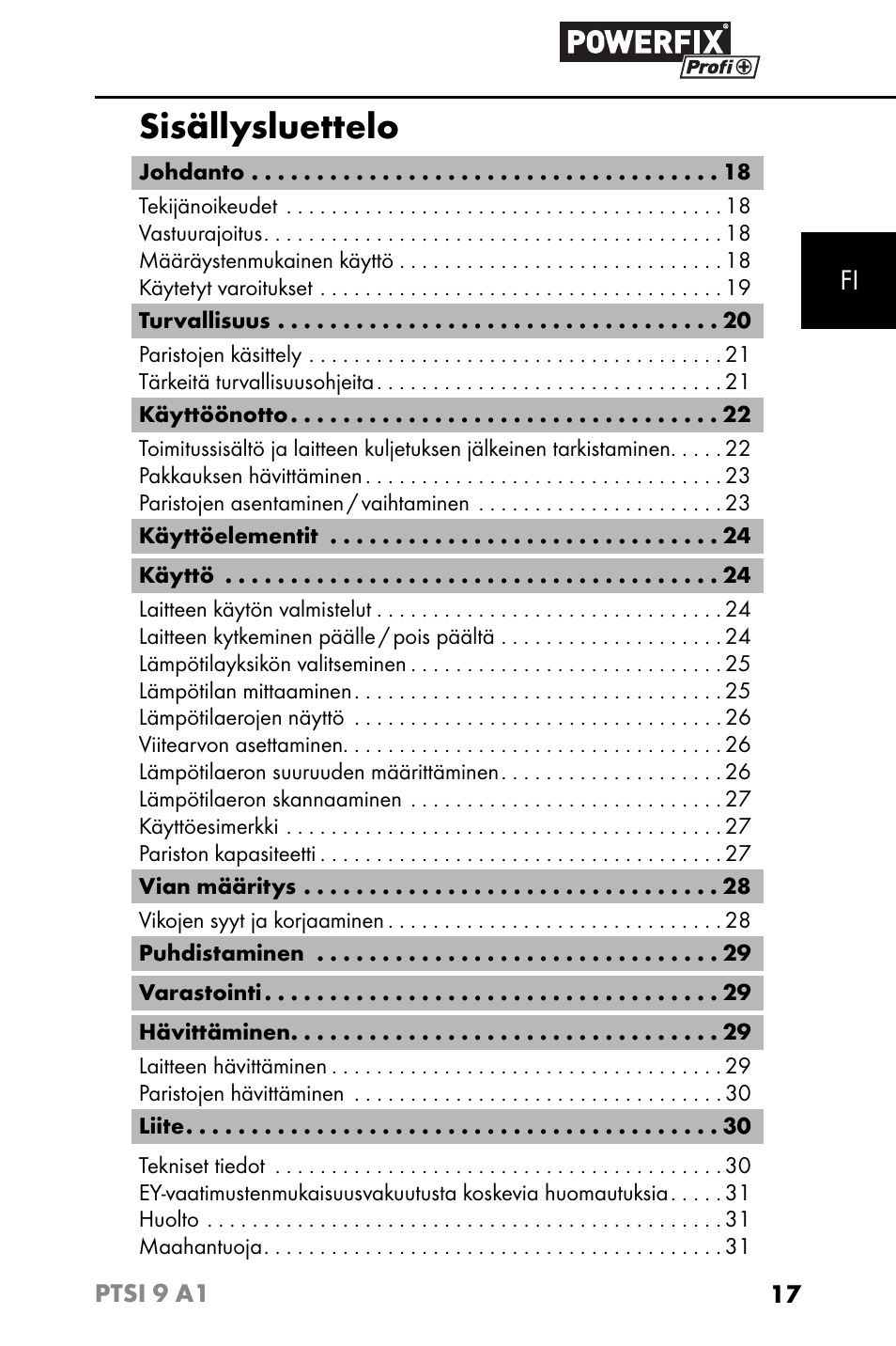 Sisällysluettelo | Powerfix PTSI 9 A1 User Manual | Page 20 / 115