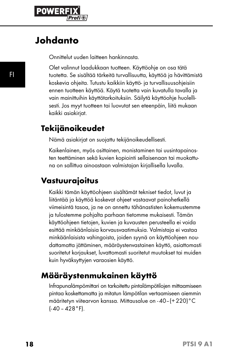 Johdanto, Tekijänoikeudet, Vastuurajoitus | Määräystenmukainen käyttö | Powerfix PTSI 9 A1 User Manual | Page 21 / 115