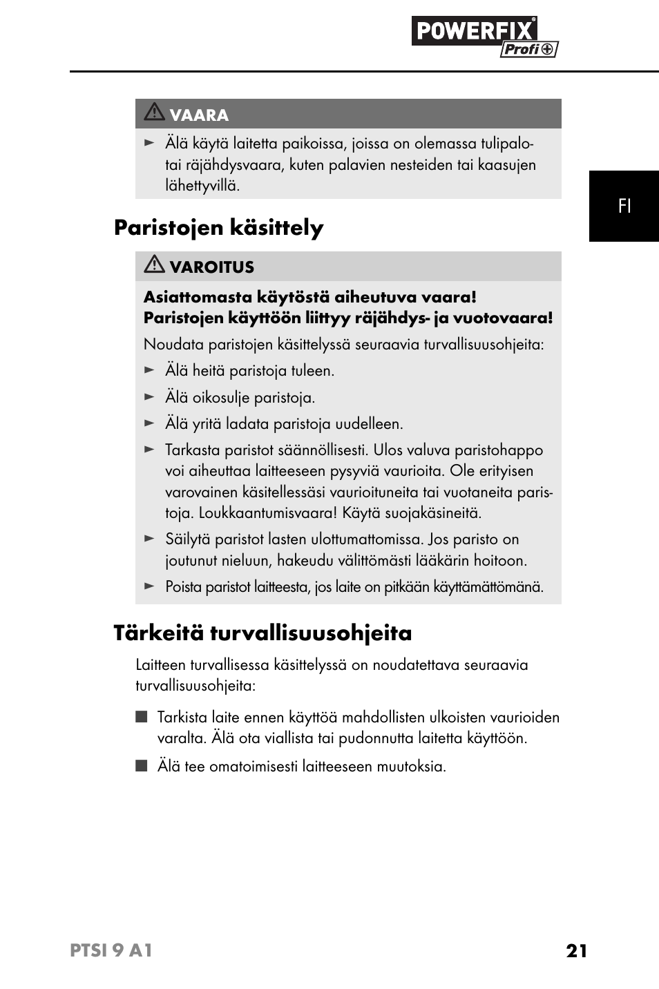 Paristojen käsittely, Tärkeitä turvallisuusohjeita | Powerfix PTSI 9 A1 User Manual | Page 24 / 115