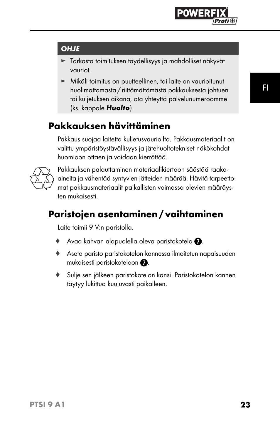 Pakkauksen hävittäminen, Paristojen asentaminen / vaihtaminen | Powerfix PTSI 9 A1 User Manual | Page 26 / 115