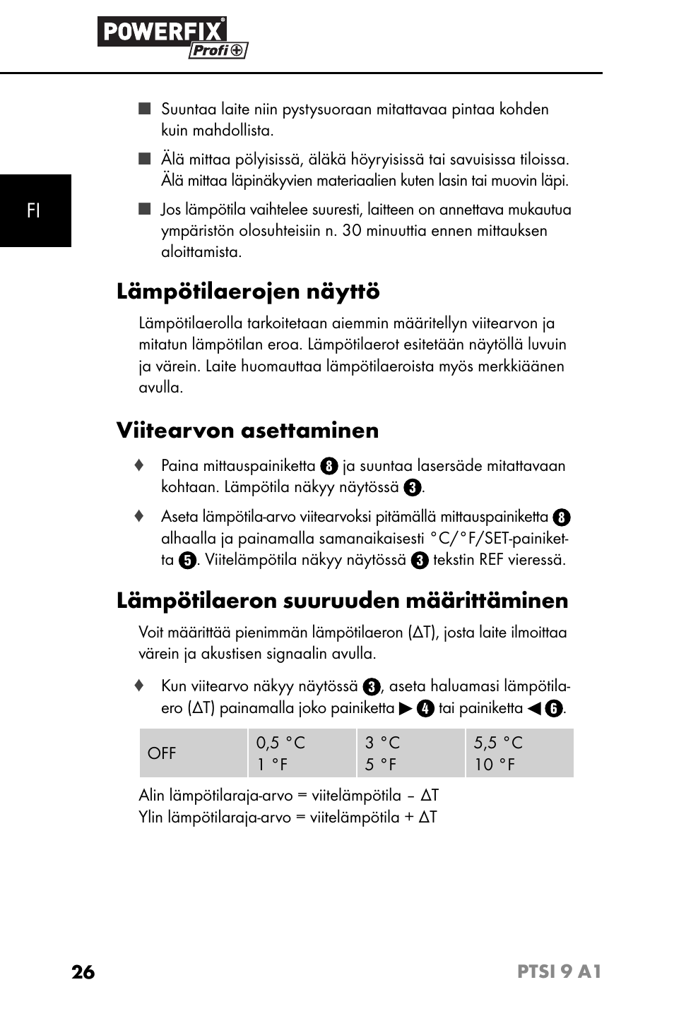 Lämpötilaerojen näyttö, Viitearvon asettaminen, Lämpötilaeron suuruuden määrittäminen | Powerfix PTSI 9 A1 User Manual | Page 29 / 115