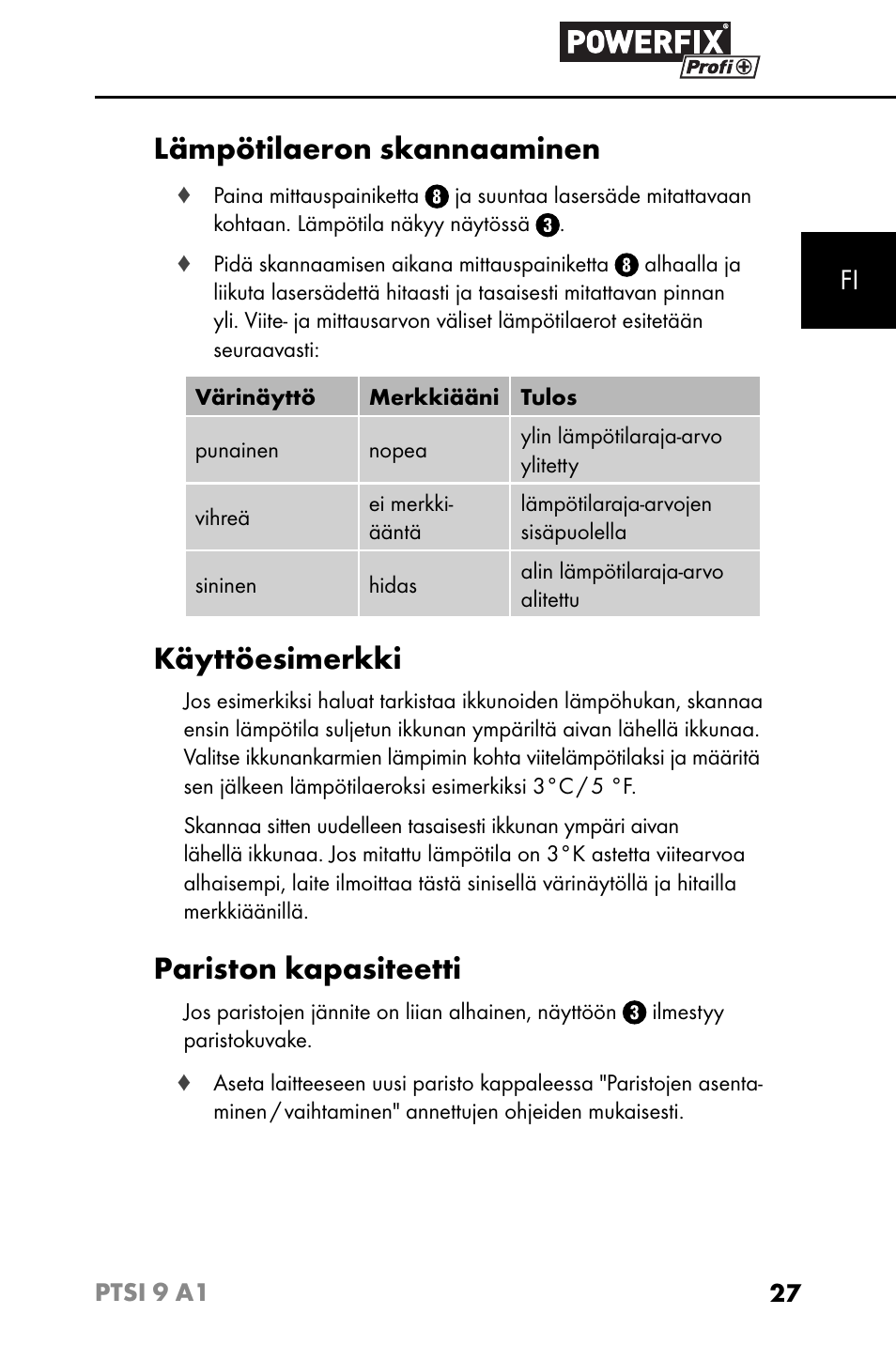 Lämpötilaeron skannaaminen, Käyttöesimerkki, Pariston kapasiteetti | Powerfix PTSI 9 A1 User Manual | Page 30 / 115