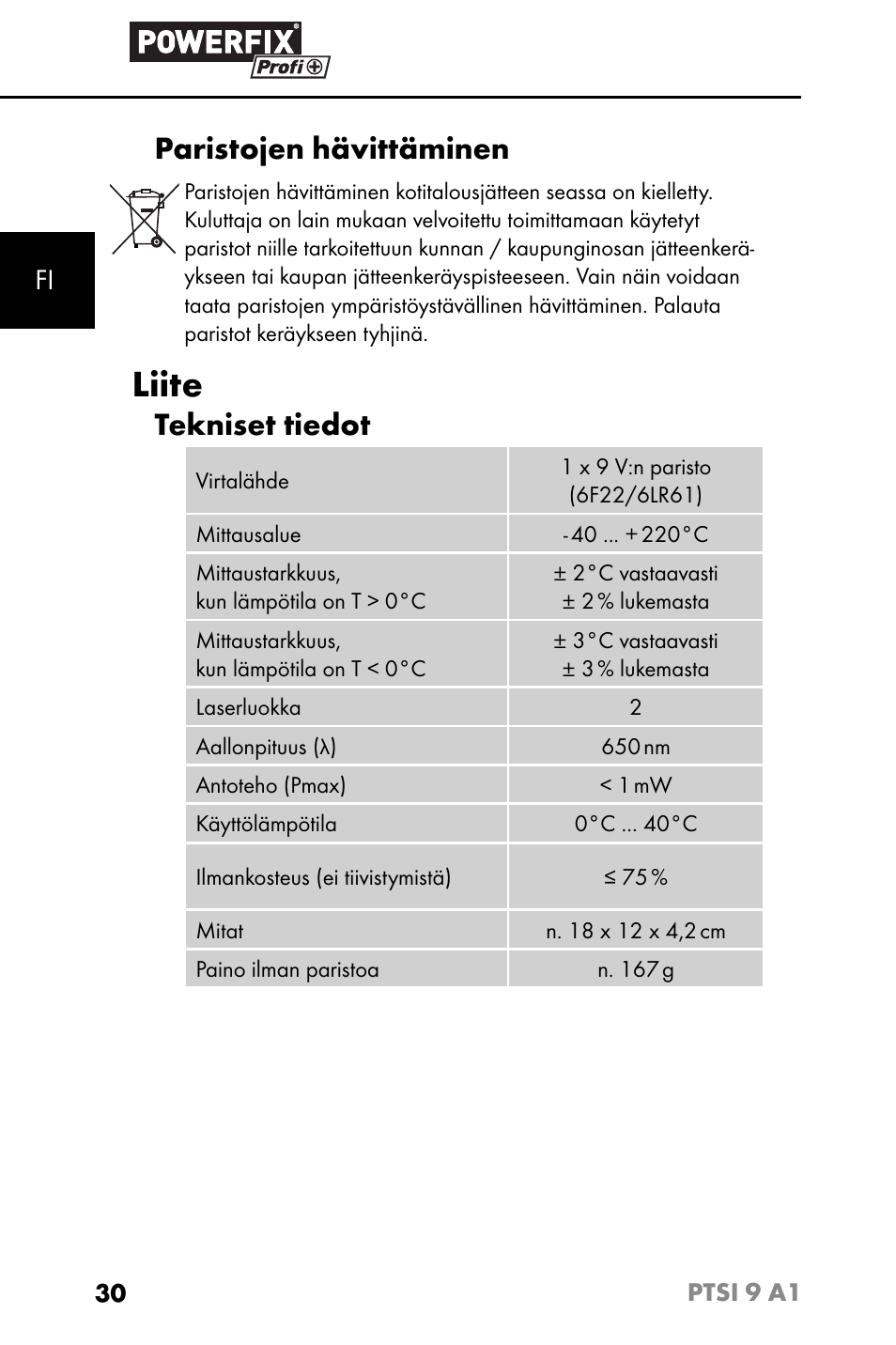 Liite, Paristojen hävittäminen, Tekniset tiedot | Powerfix PTSI 9 A1 User Manual | Page 33 / 115