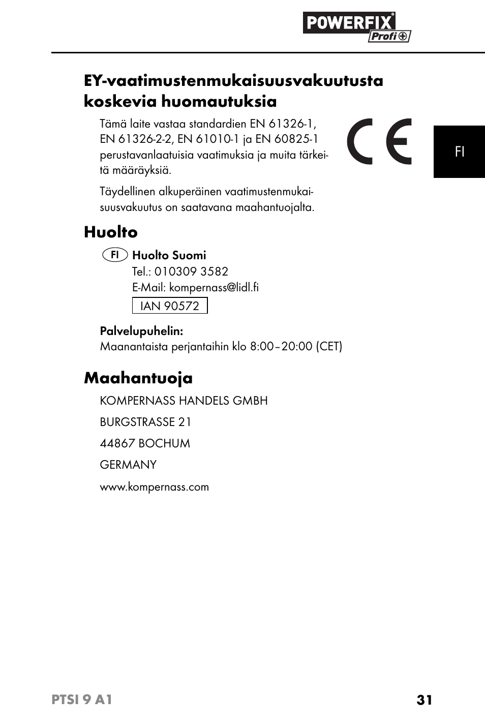 Huolto, Maahantuoja | Powerfix PTSI 9 A1 User Manual | Page 34 / 115