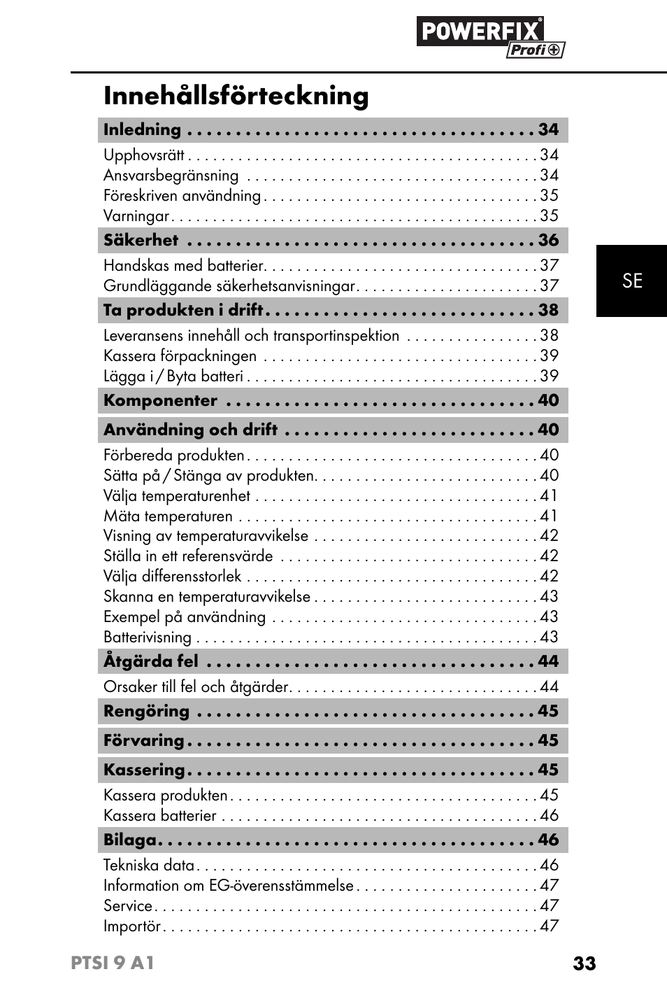 Innehållsförteckning | Powerfix PTSI 9 A1 User Manual | Page 36 / 115