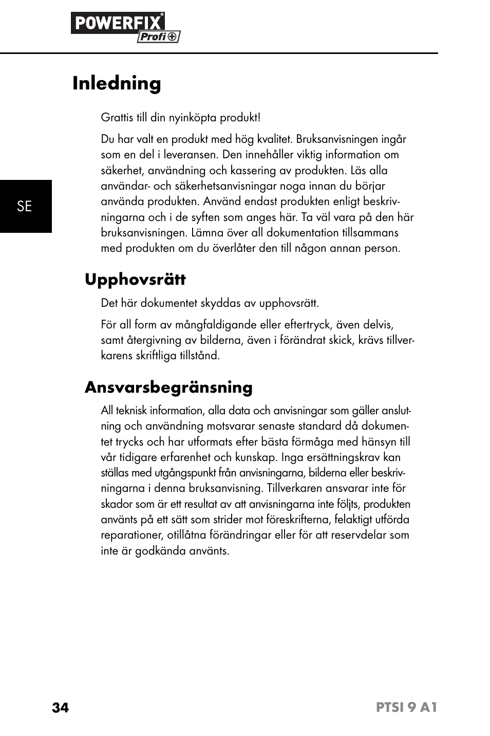 Inledning, Upphovsrätt, Ansvarsbegränsning | Powerfix PTSI 9 A1 User Manual | Page 37 / 115