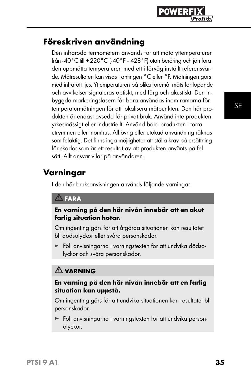 Föreskriven användning, Varningar | Powerfix PTSI 9 A1 User Manual | Page 38 / 115