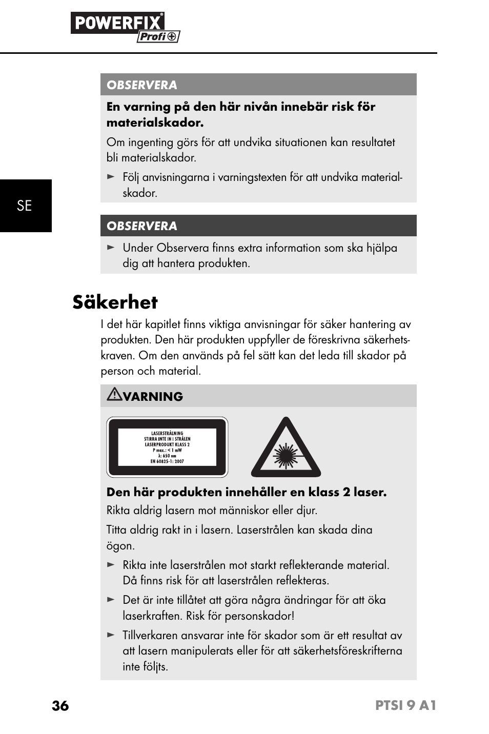 Säkerhet | Powerfix PTSI 9 A1 User Manual | Page 39 / 115