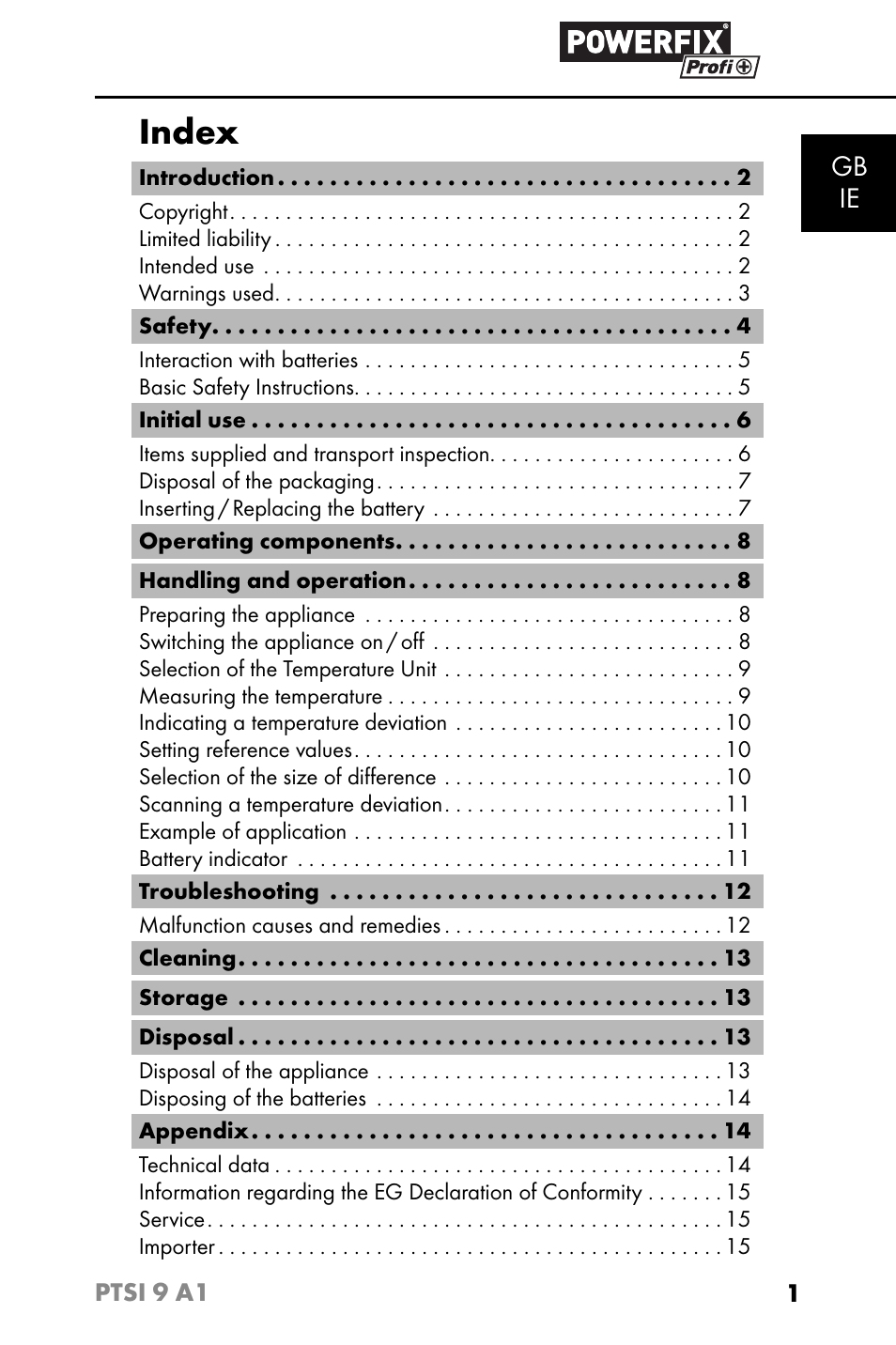 Index, Gb ie | Powerfix PTSI 9 A1 User Manual | Page 4 / 115