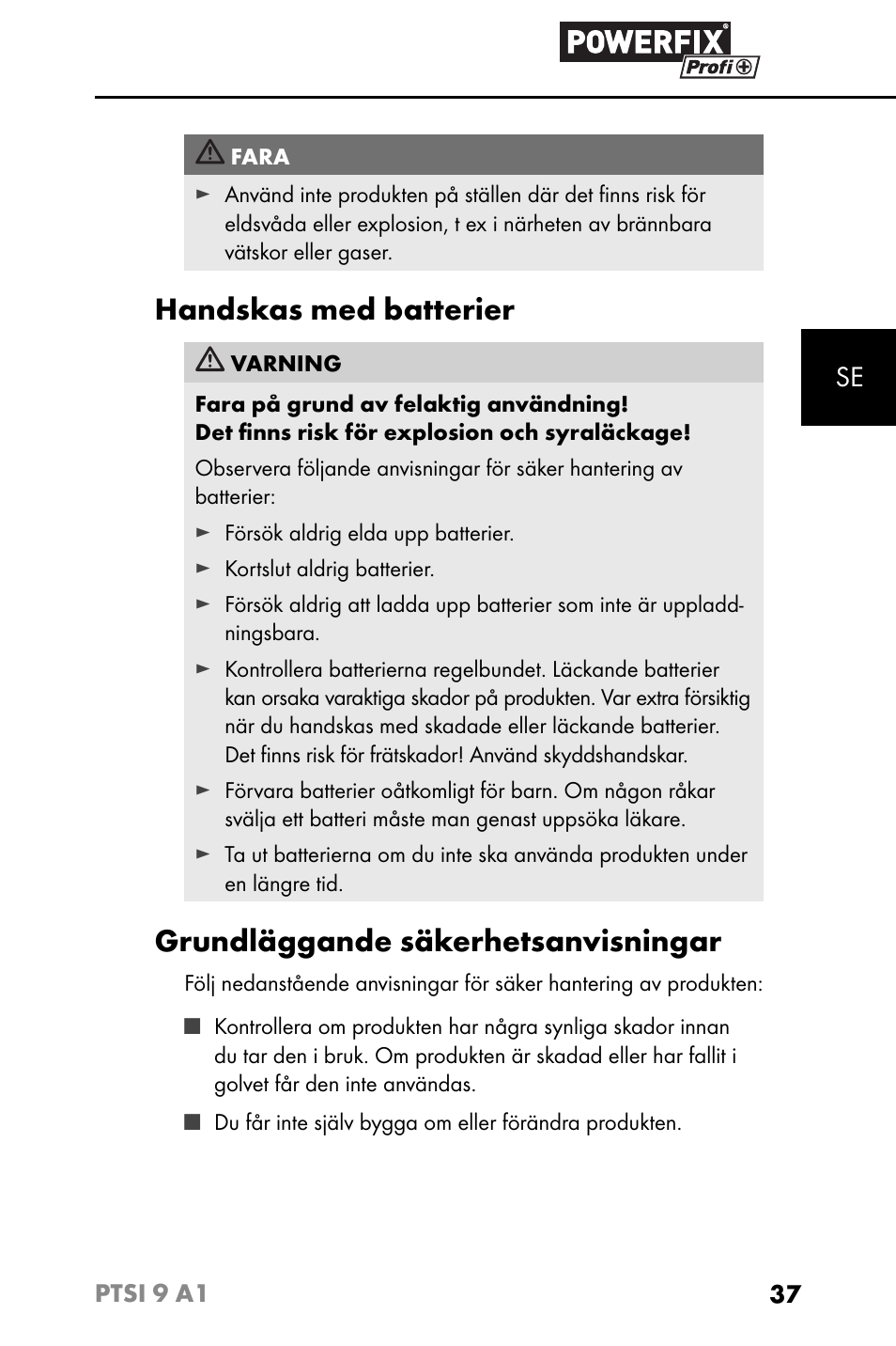 Handskas med batterier, Grundläggande säkerhetsanvisningar | Powerfix PTSI 9 A1 User Manual | Page 40 / 115