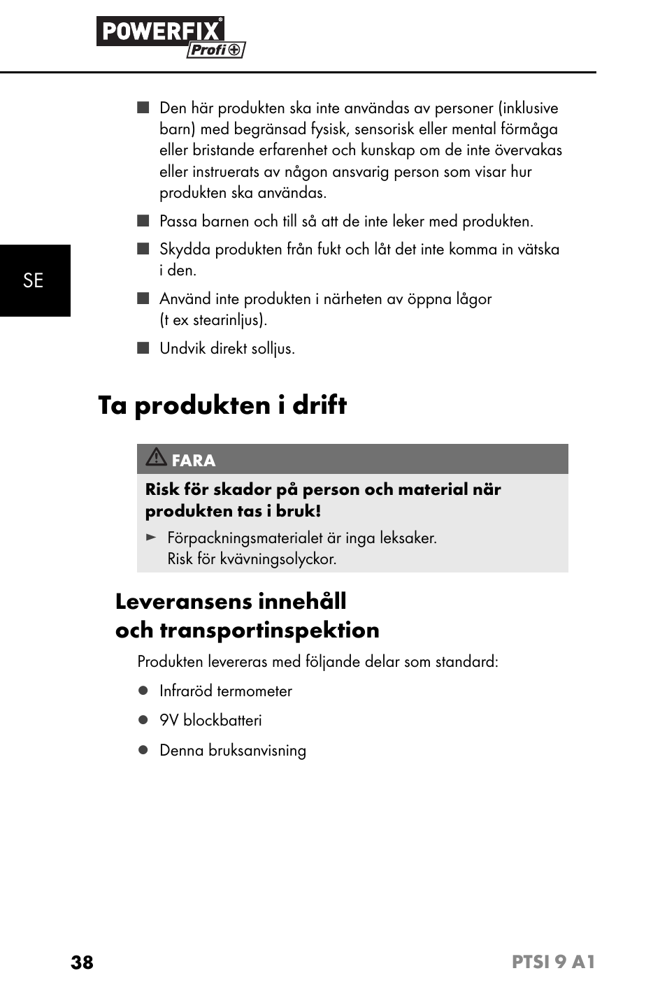 Ta produkten i drift, Leveransens innehåll och transportinspektion | Powerfix PTSI 9 A1 User Manual | Page 41 / 115