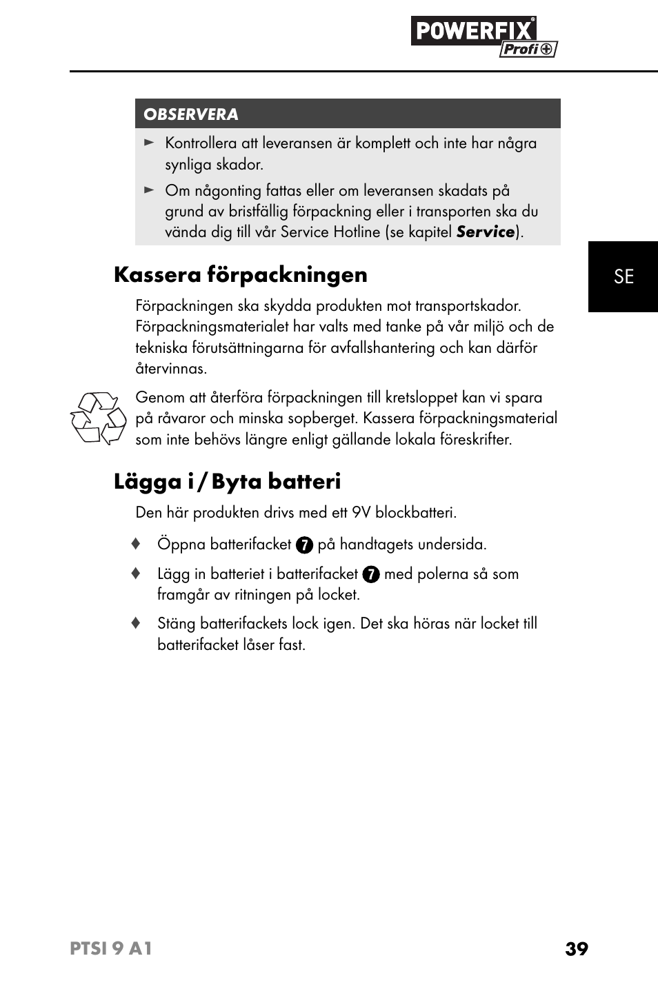 Kassera förpackningen, Lägga i / byta batteri | Powerfix PTSI 9 A1 User Manual | Page 42 / 115