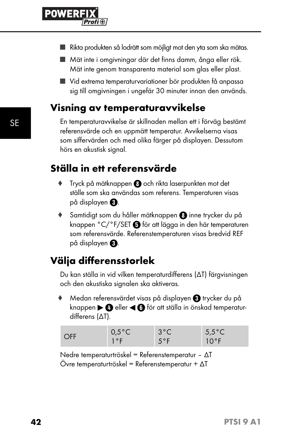 Visning av temperaturavvikelse, Ställa in ett referensvärde, Välja diﬀ erensstorlek | Powerfix PTSI 9 A1 User Manual | Page 45 / 115