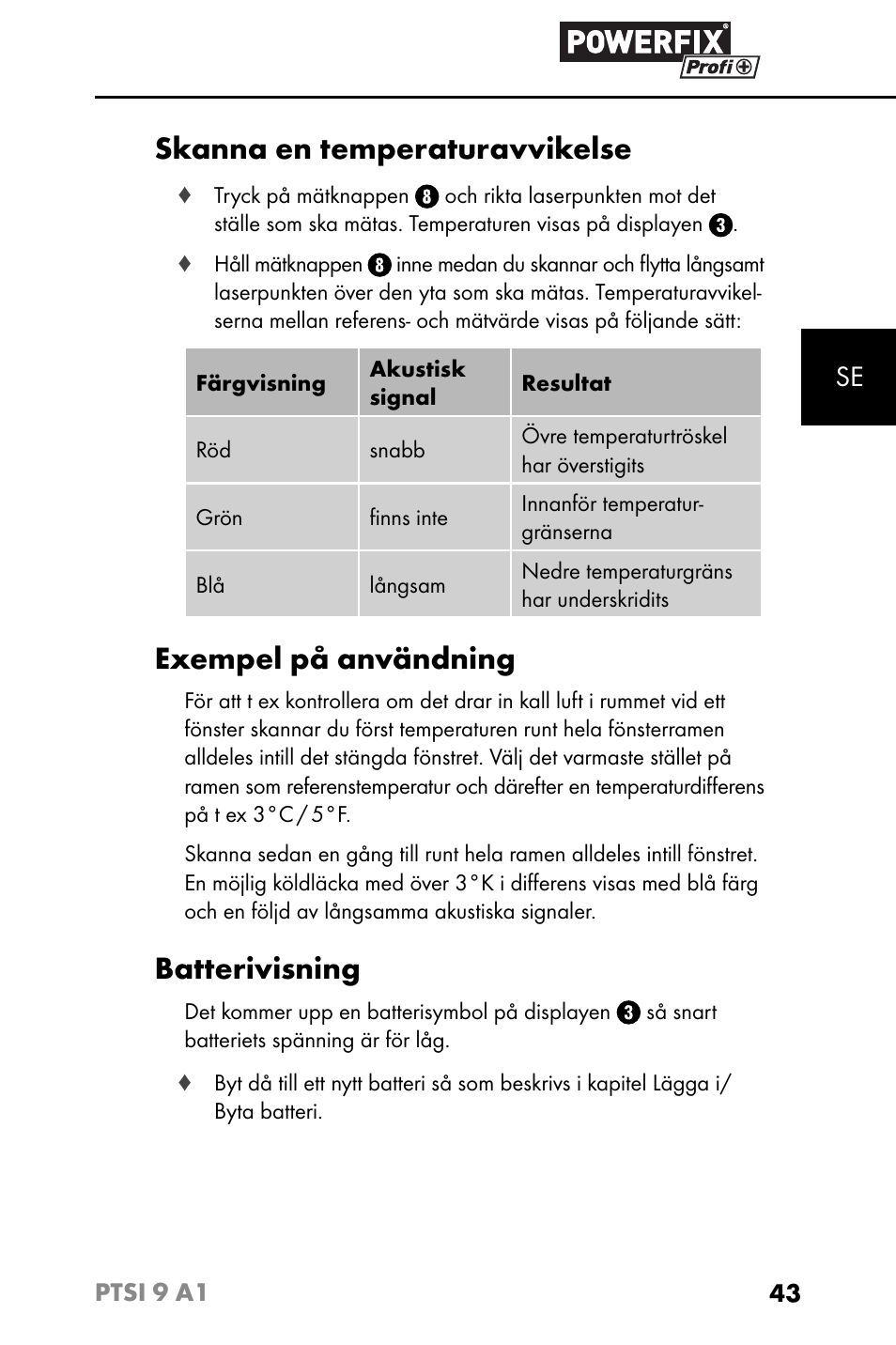 Skanna en temperaturavvikelse, Exempel på användning, Batterivisning | Powerfix PTSI 9 A1 User Manual | Page 46 / 115