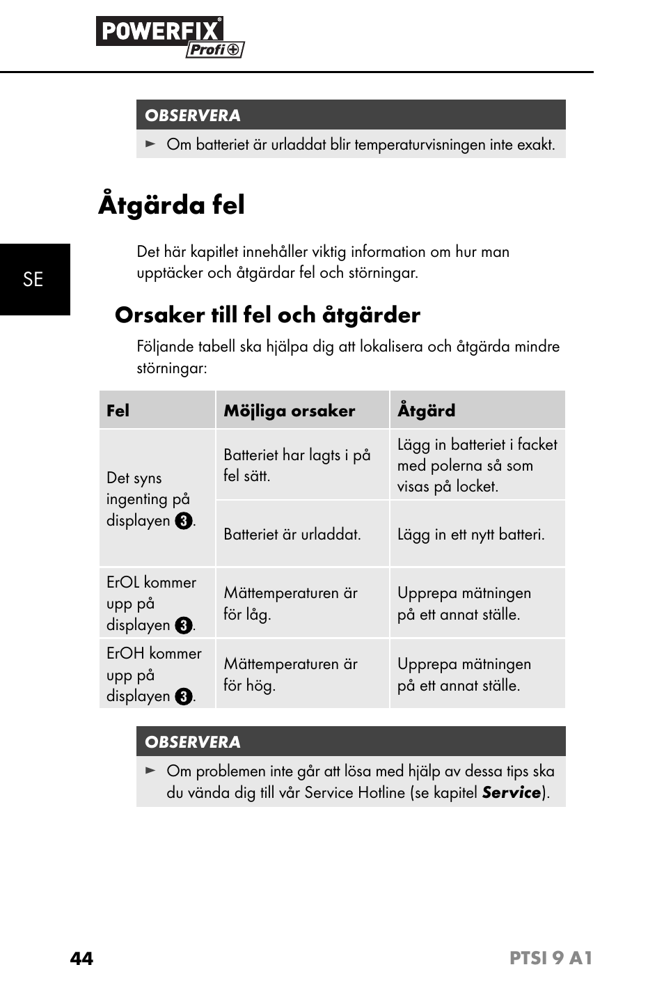 Åtgärda fel, Orsaker till fel och åtgärder | Powerfix PTSI 9 A1 User Manual | Page 47 / 115