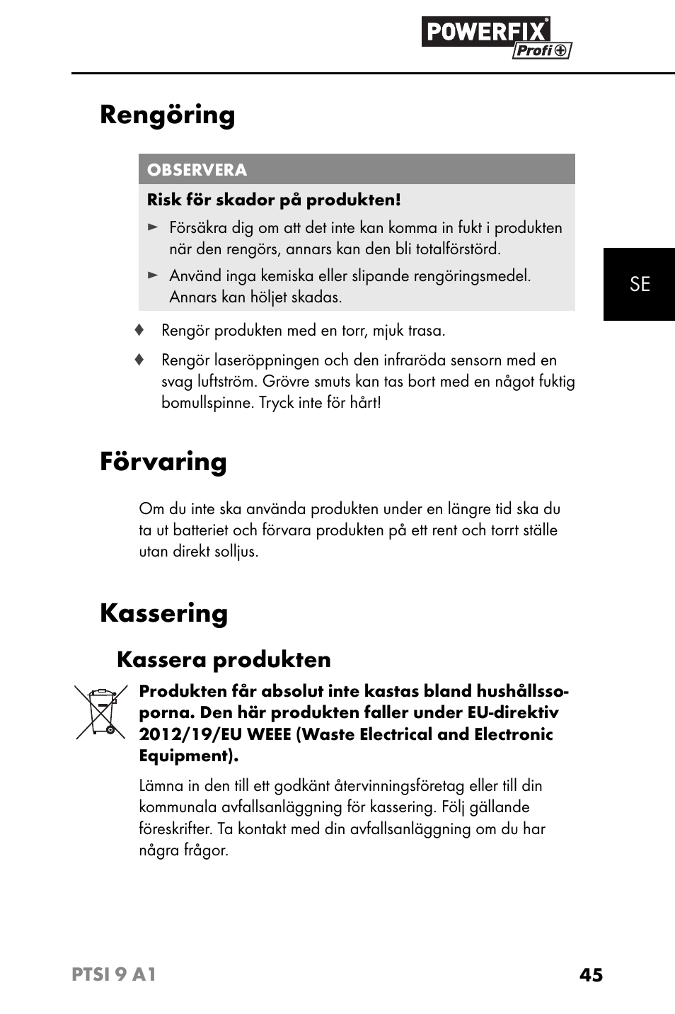 Rengöring, Förvaring, Kassering | Kassera produkten | Powerfix PTSI 9 A1 User Manual | Page 48 / 115