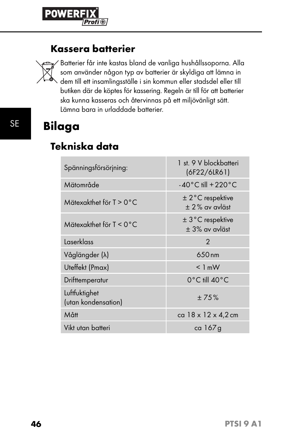 Bilaga, Kassera batterier, Tekniska data | Powerfix PTSI 9 A1 User Manual | Page 49 / 115