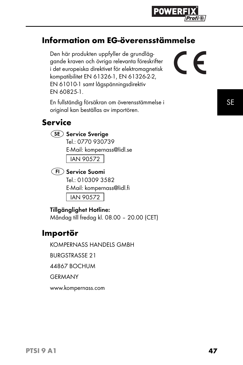 Information om eg-överensstämmelse, Service, Importör | Powerfix PTSI 9 A1 User Manual | Page 50 / 115