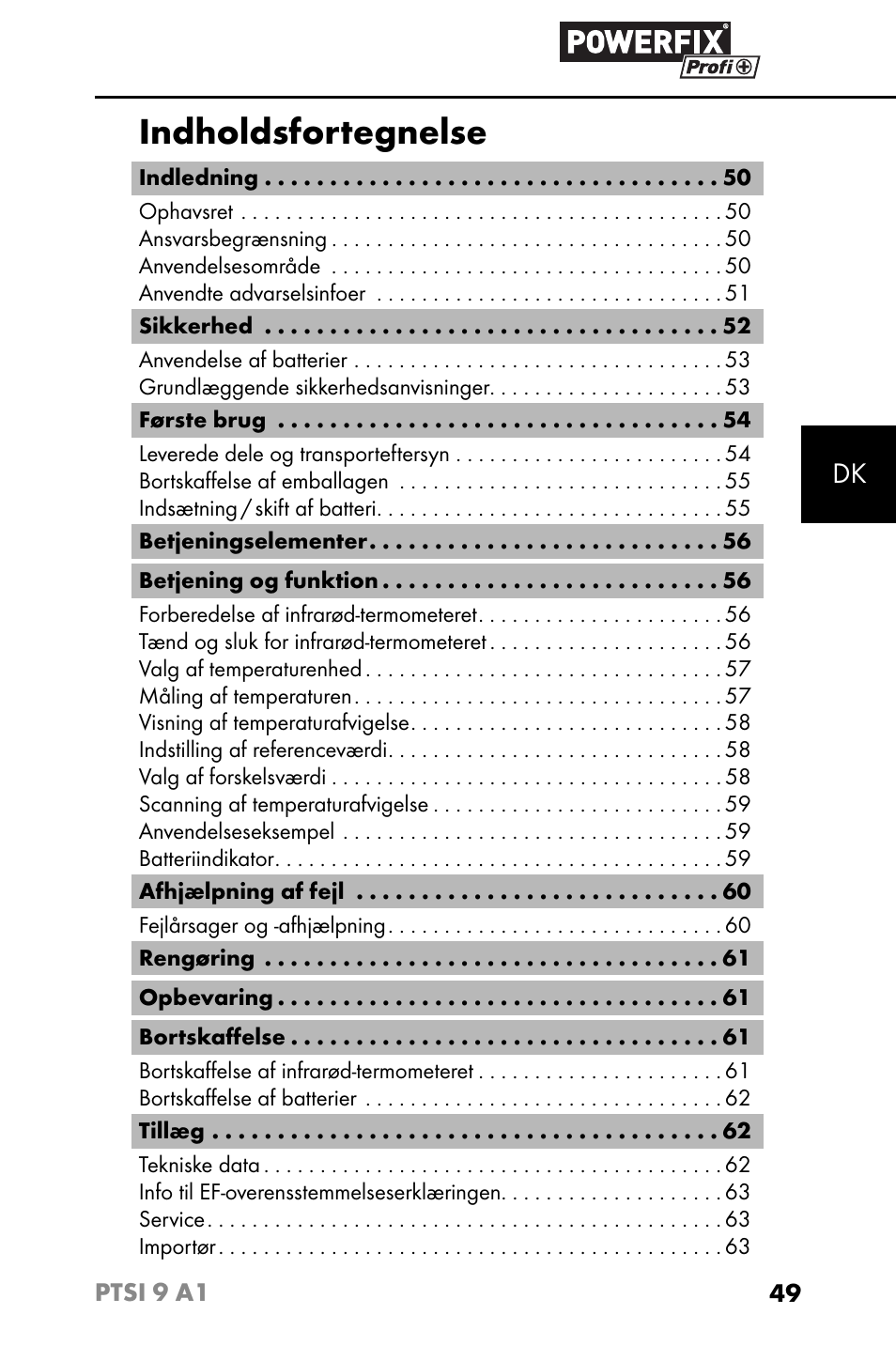 Indholdsfortegnelse | Powerfix PTSI 9 A1 User Manual | Page 52 / 115