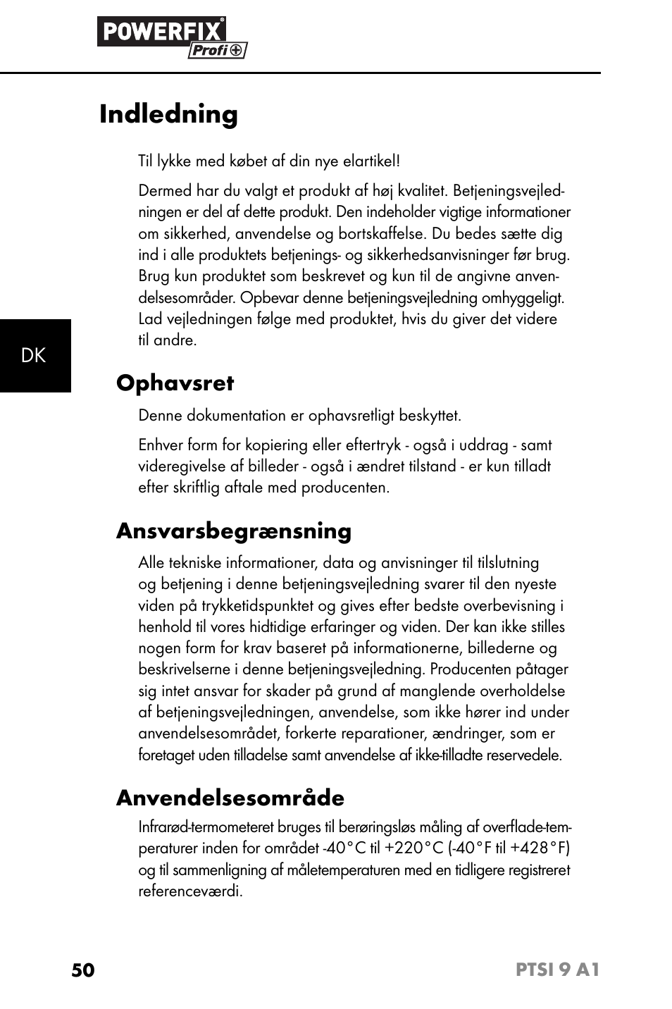 Indledning, Ophavsret, Ansvarsbegrænsning | Anvendelsesområde | Powerfix PTSI 9 A1 User Manual | Page 53 / 115