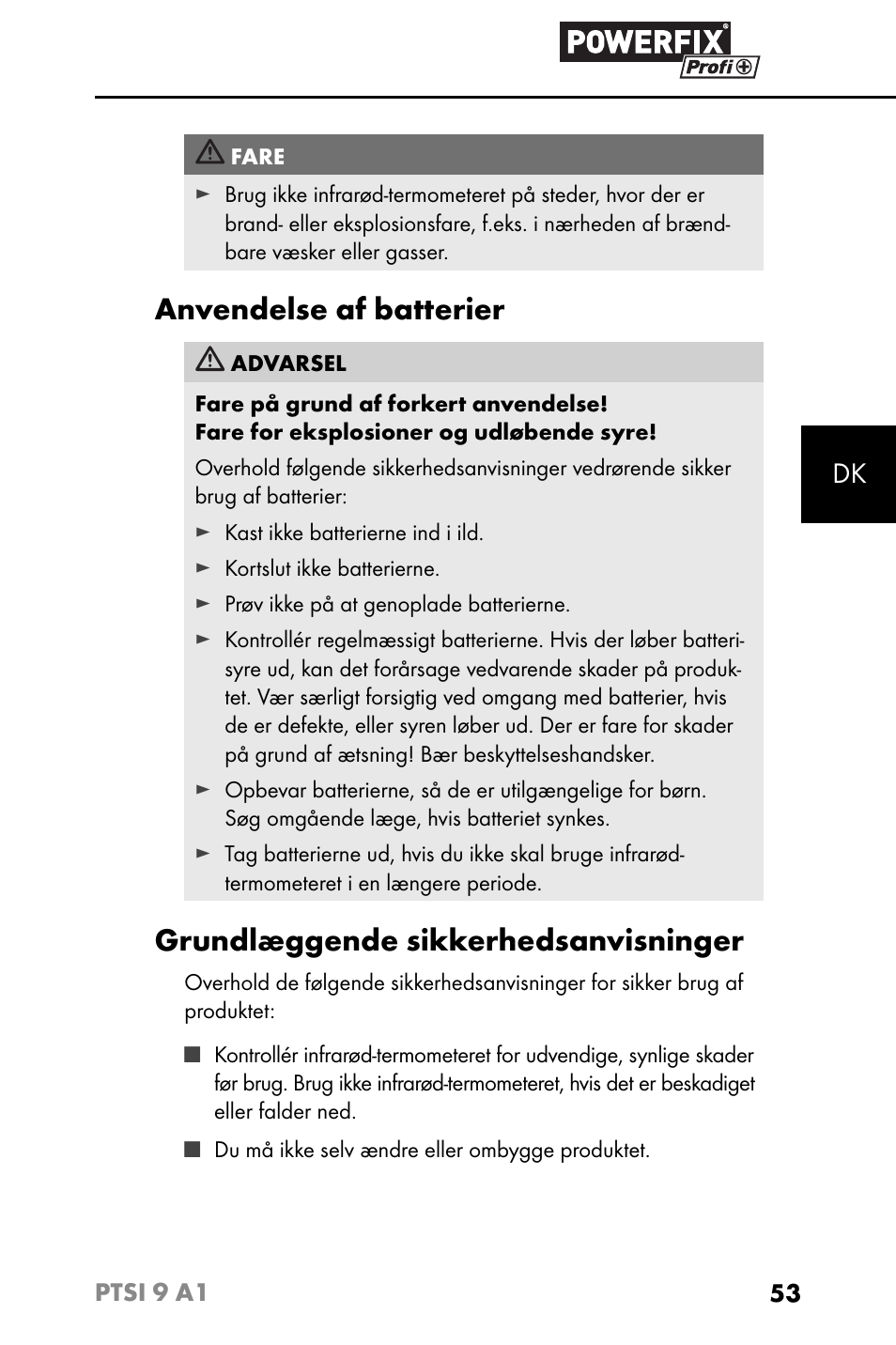 Anvendelse af batterier, Grundlæggende sikkerhedsanvisninger | Powerfix PTSI 9 A1 User Manual | Page 56 / 115