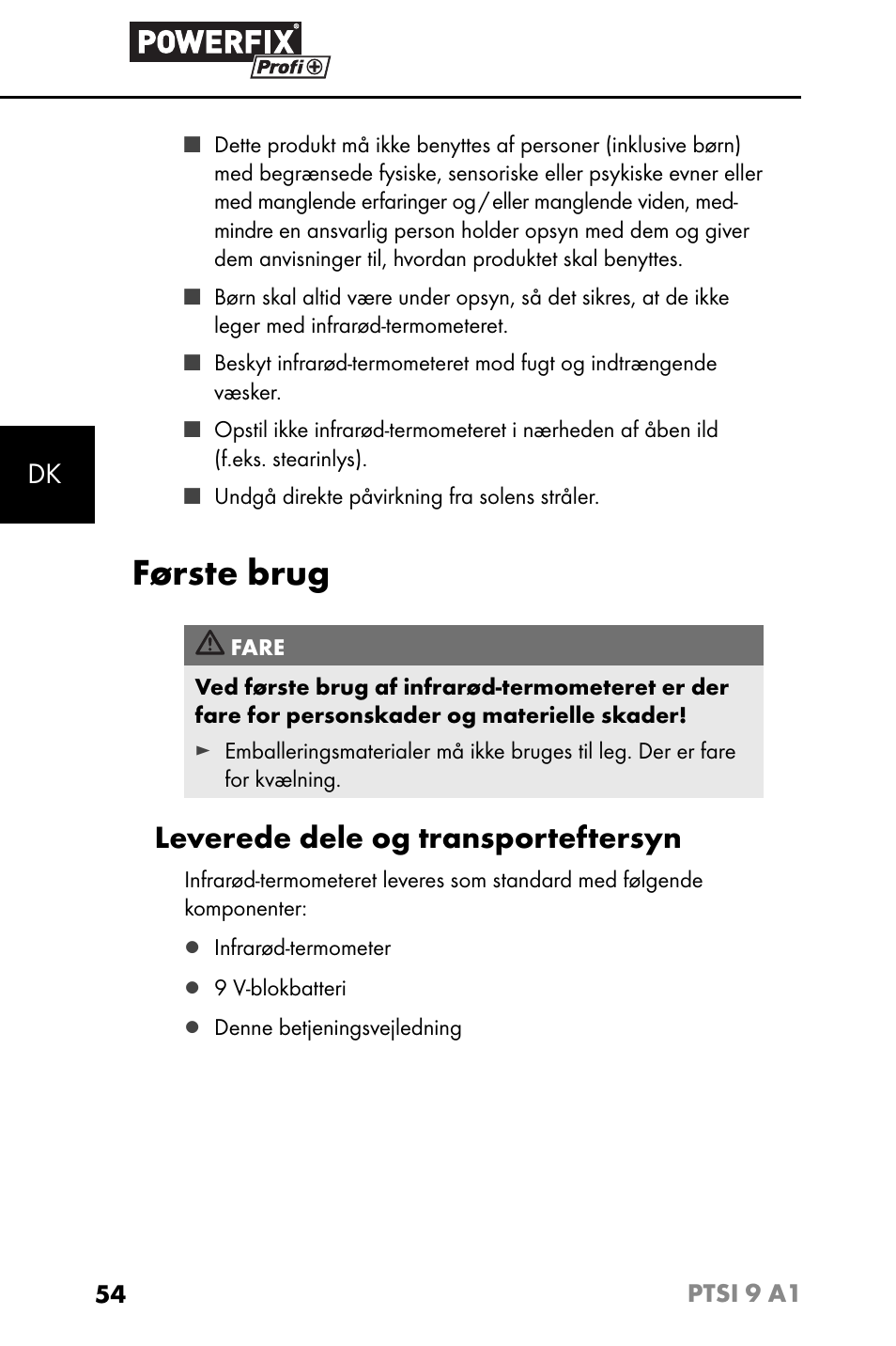 Første brug, Leverede dele og transporteftersyn | Powerfix PTSI 9 A1 User Manual | Page 57 / 115
