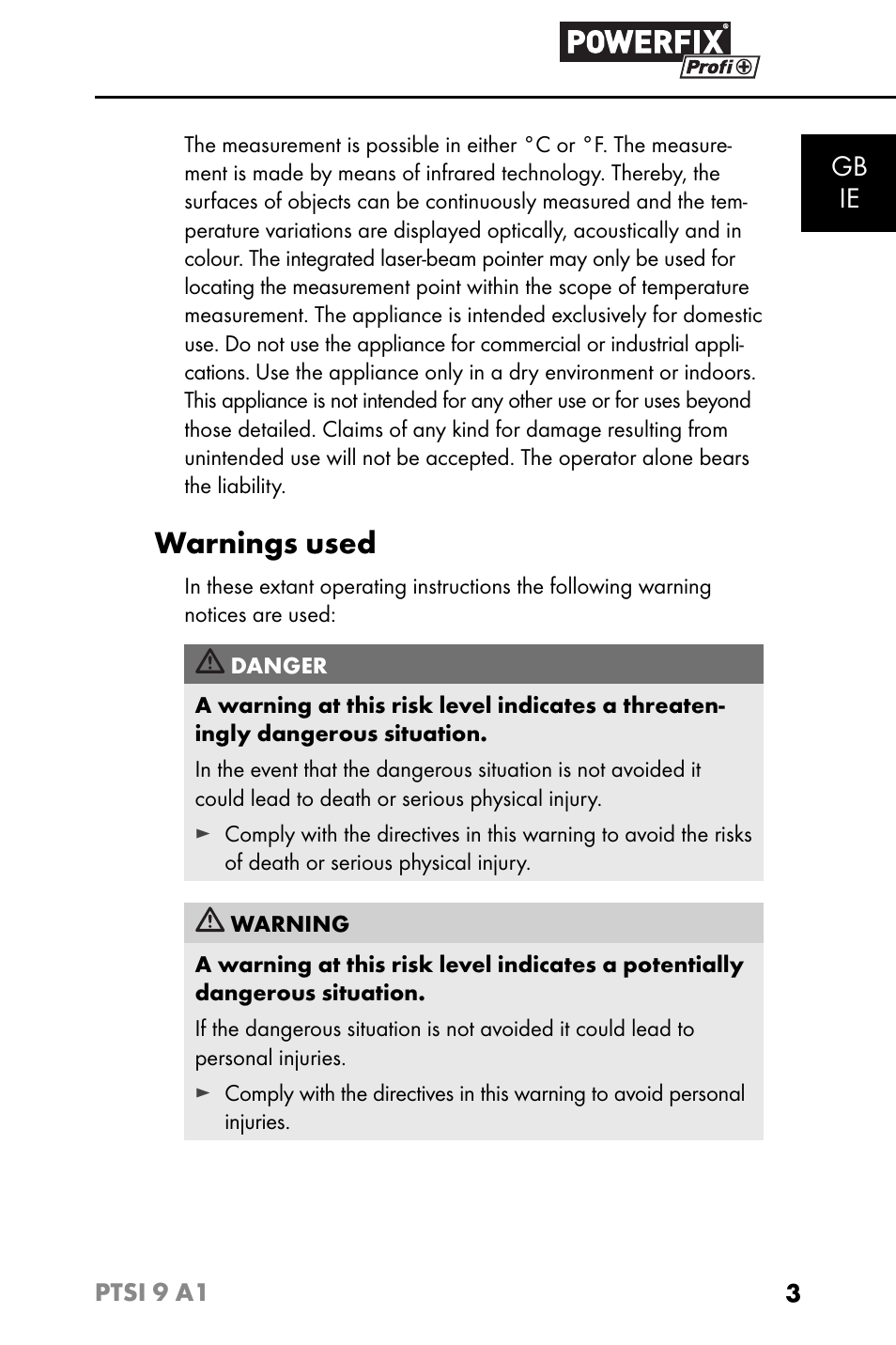 Warnings used, Gb ie | Powerfix PTSI 9 A1 User Manual | Page 6 / 115