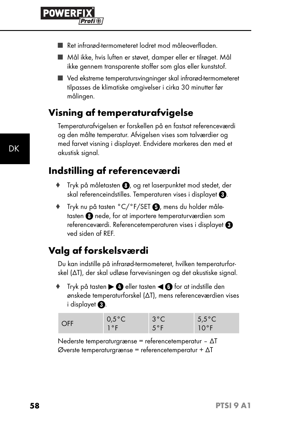 Visning af temperaturafvigelse, Indstilling af referenceværdi, Valg af forskelsværdi | Powerfix PTSI 9 A1 User Manual | Page 61 / 115