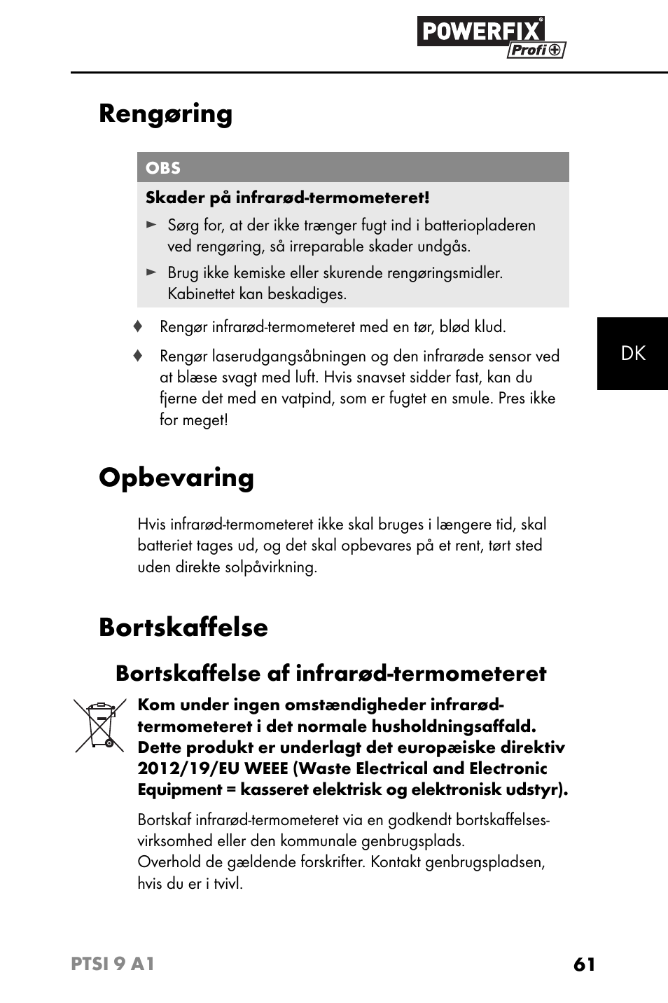 Rengøring, Opbevaring, Bortskaﬀ else | Bortskaﬀ else af infrarød-termometeret | Powerfix PTSI 9 A1 User Manual | Page 64 / 115
