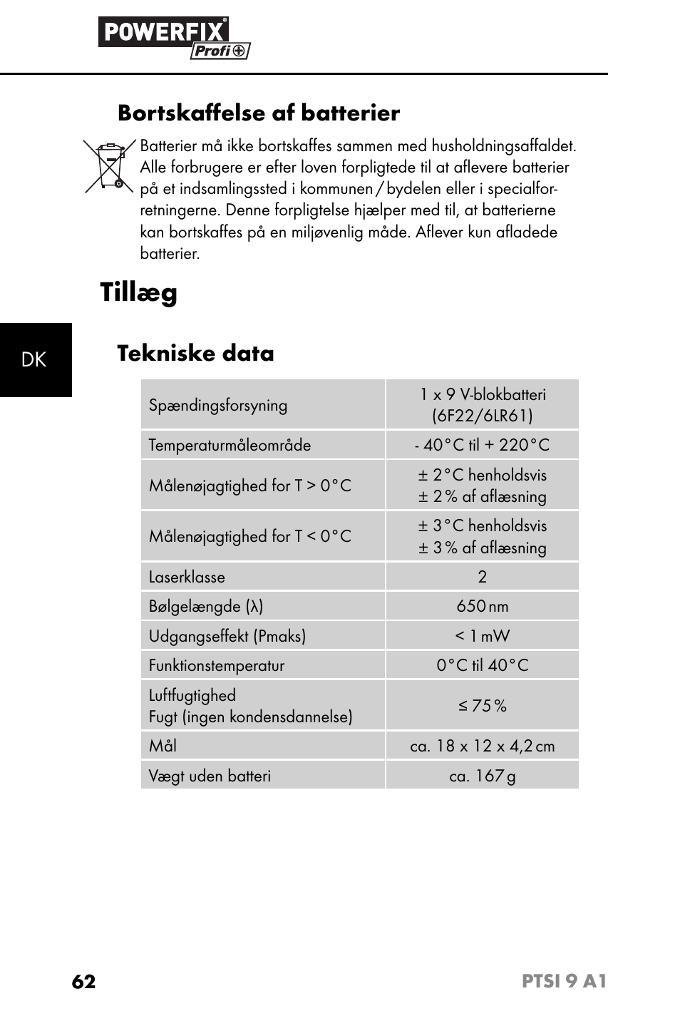 Tillæg, Bortskaﬀ else af batterier, Tekniske data | Powerfix PTSI 9 A1 User Manual | Page 65 / 115