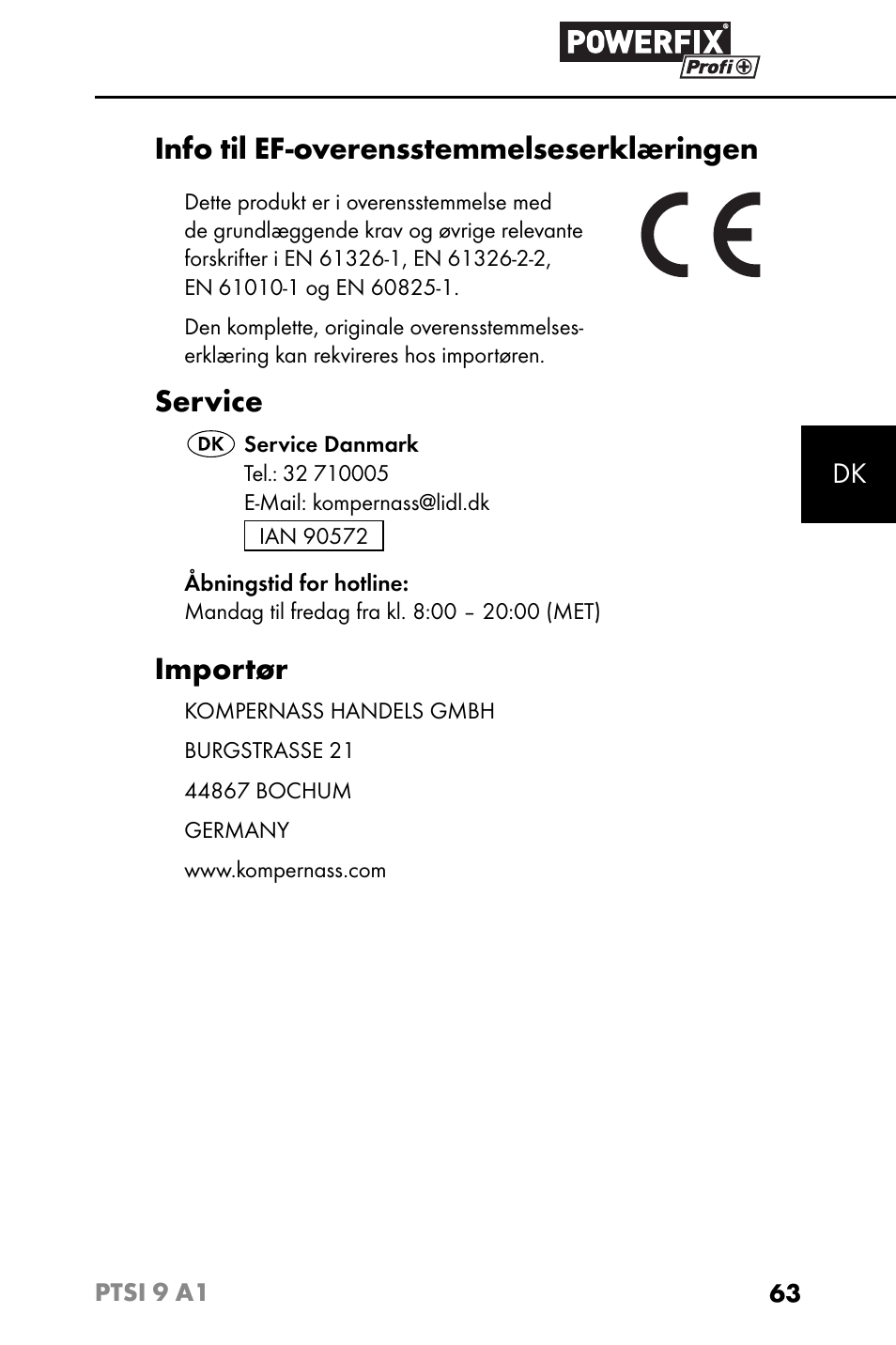 Info til ef-overensstemmelseserklæringen, Service, Importør | Powerfix PTSI 9 A1 User Manual | Page 66 / 115