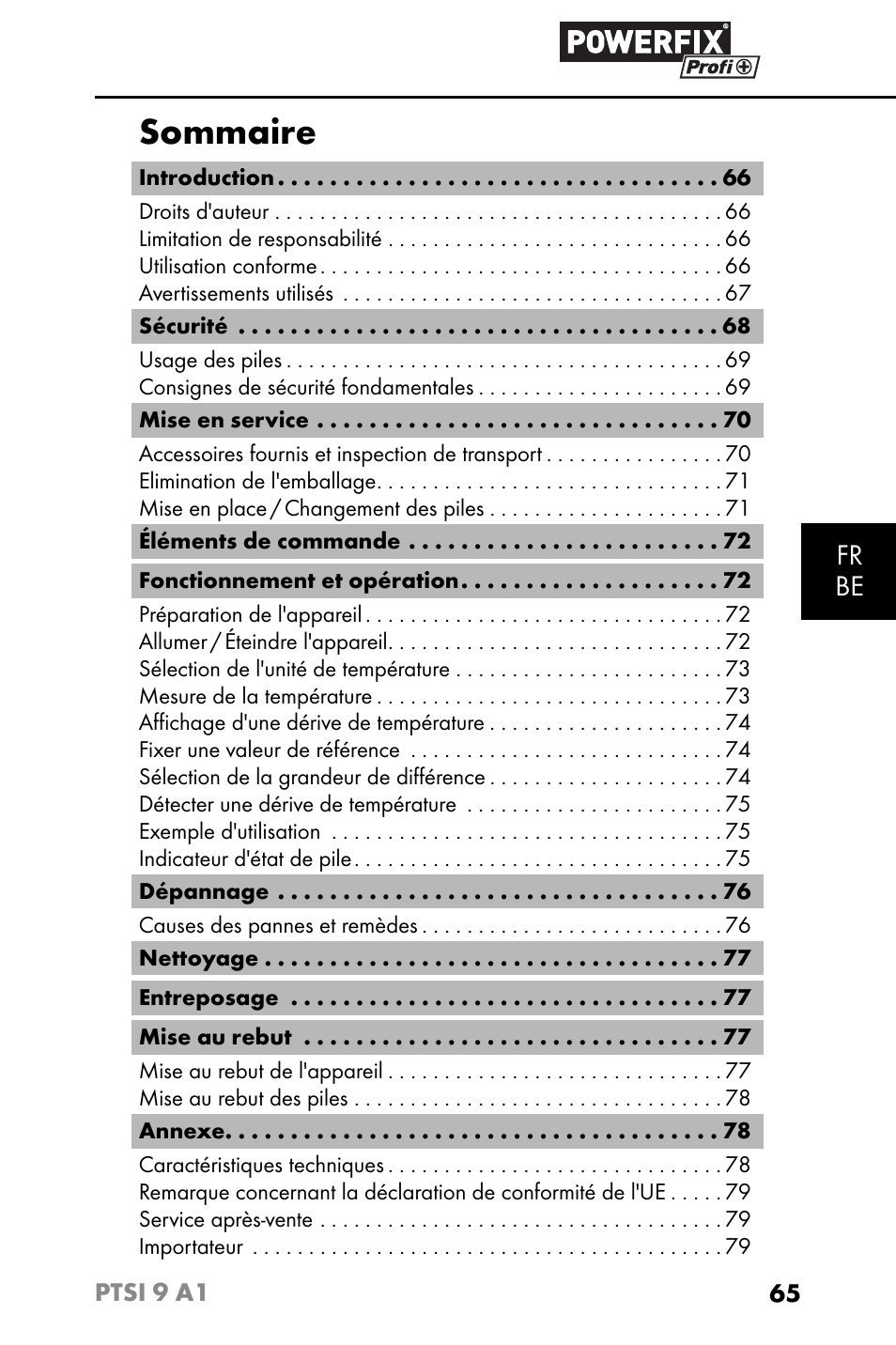 Sommaire, Fr be | Powerfix PTSI 9 A1 User Manual | Page 68 / 115