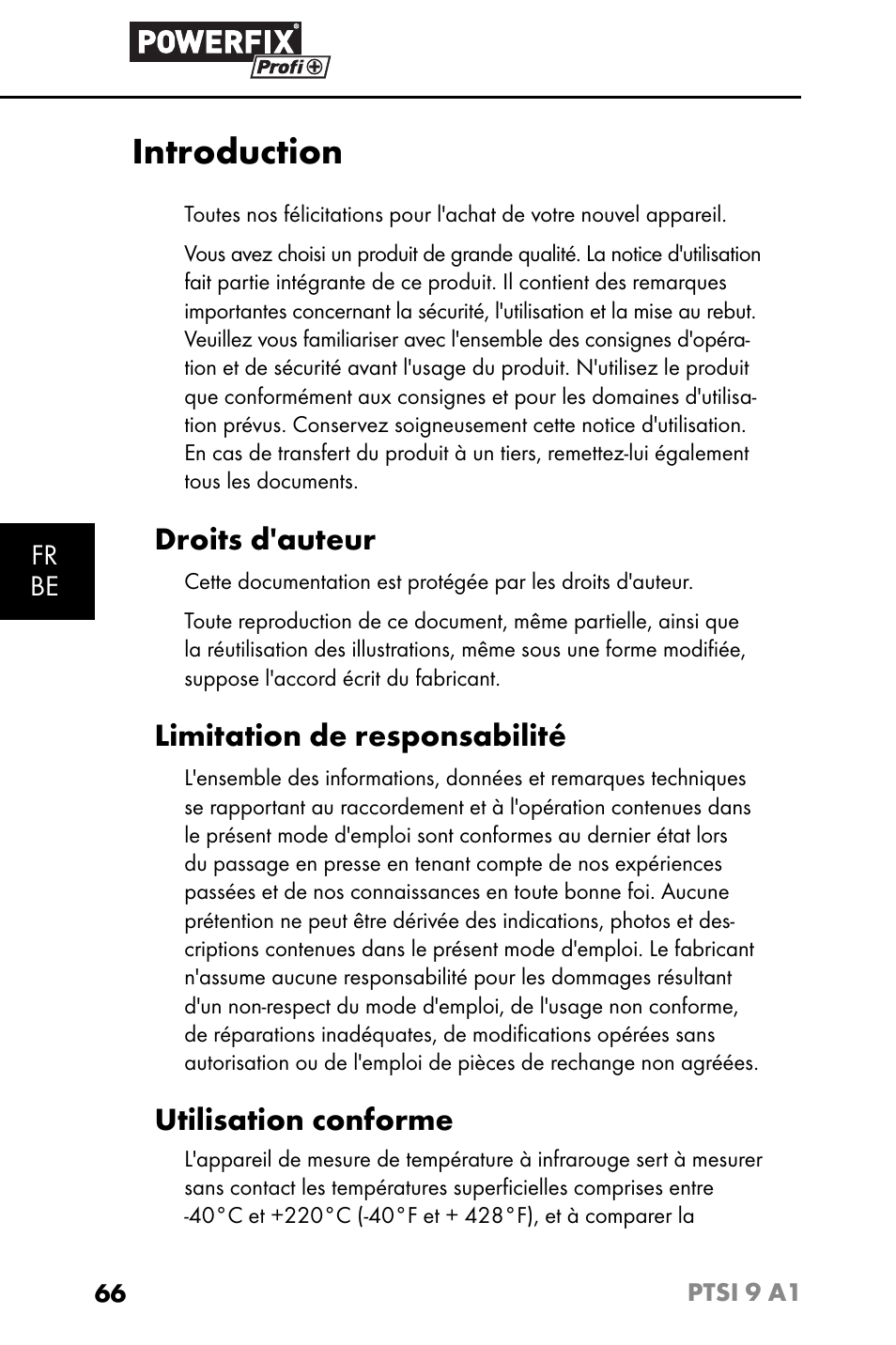 Introduction, Droits d'auteur, Limitation de responsabilité | Utilisation conforme | Powerfix PTSI 9 A1 User Manual | Page 69 / 115