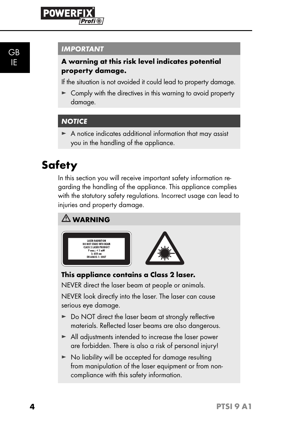 Safety, Gb ie | Powerfix PTSI 9 A1 User Manual | Page 7 / 115