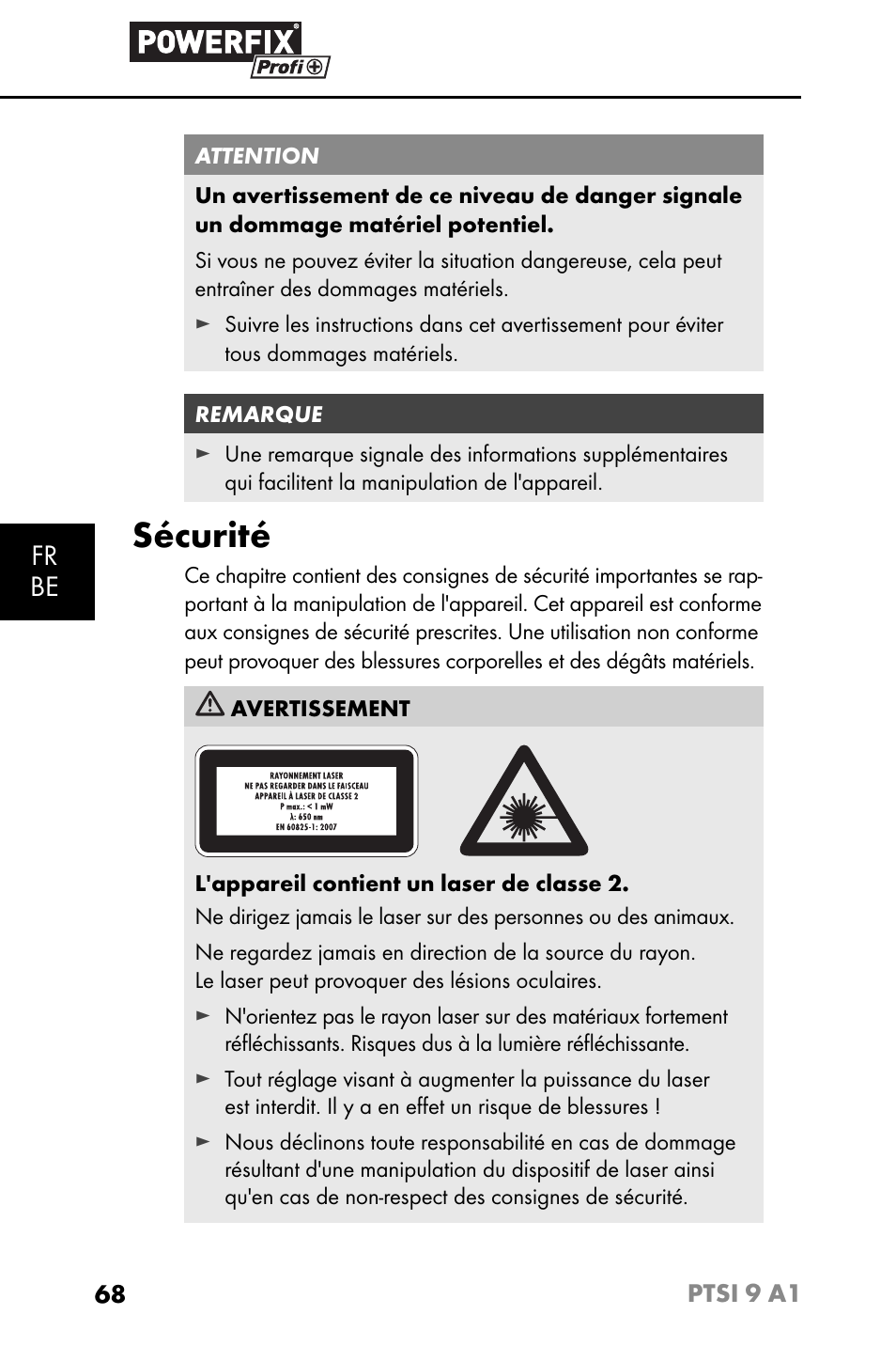 Sécurité, Fr be | Powerfix PTSI 9 A1 User Manual | Page 71 / 115
