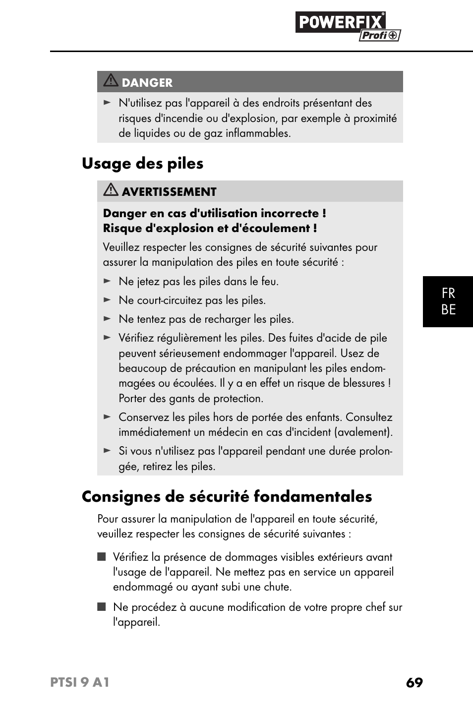 Usage des piles, Consignes de sécurité fondamentales, Fr be | Powerfix PTSI 9 A1 User Manual | Page 72 / 115