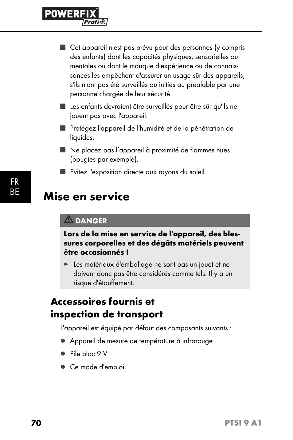 Mise en service, Accessoires fournis et inspection de transport, Fr be | Powerfix PTSI 9 A1 User Manual | Page 73 / 115