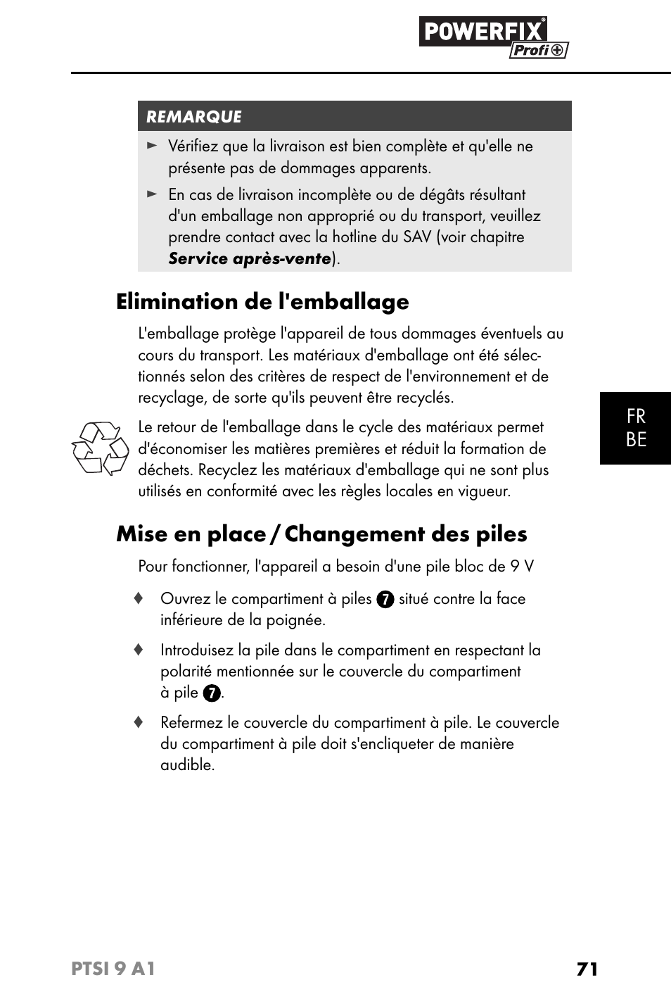 Elimination de l'emballage, Mise en place / changement des piles, Fr be | Powerfix PTSI 9 A1 User Manual | Page 74 / 115