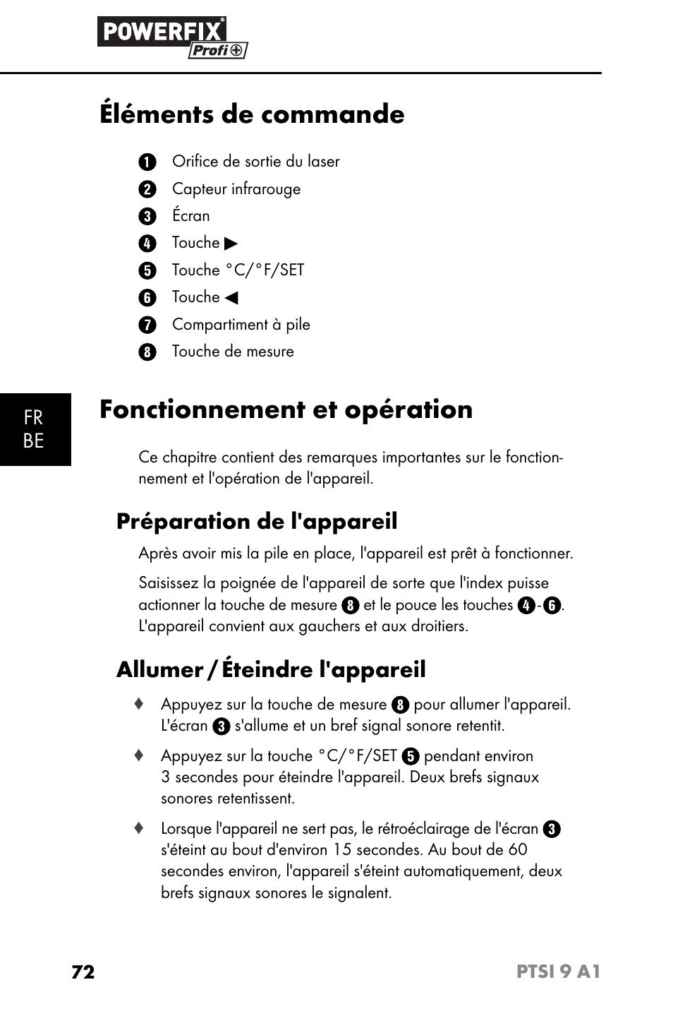 Éléments de commande, Fonctionnement et opération, Préparation de l'appareil | Allumer / éteindre l'appareil | Powerfix PTSI 9 A1 User Manual | Page 75 / 115