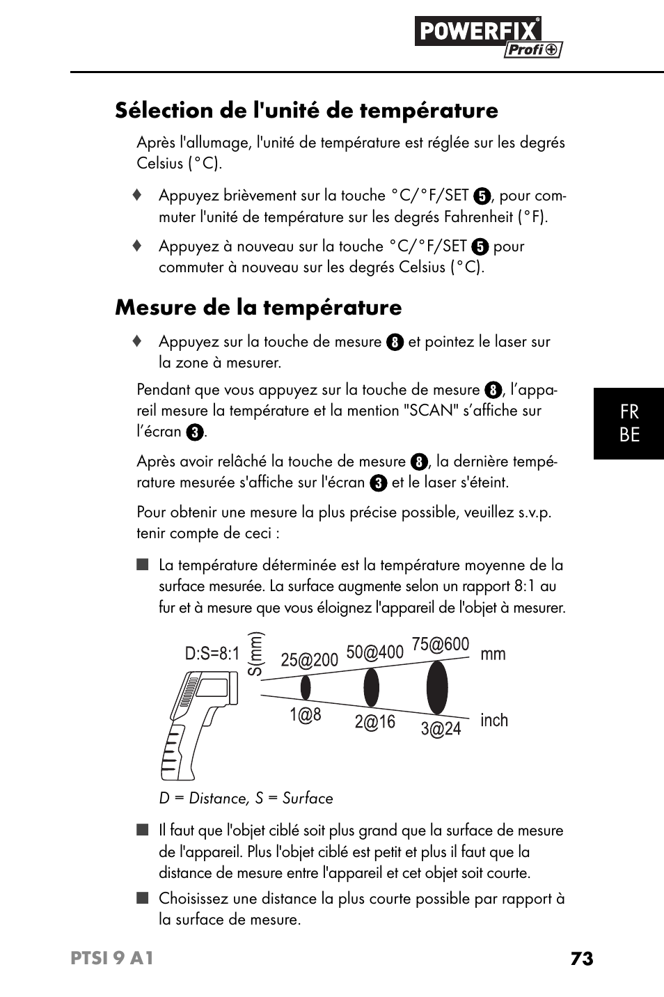 Sélection de l'unité de température, Mesure de la température, Fr be | Powerfix PTSI 9 A1 User Manual | Page 76 / 115