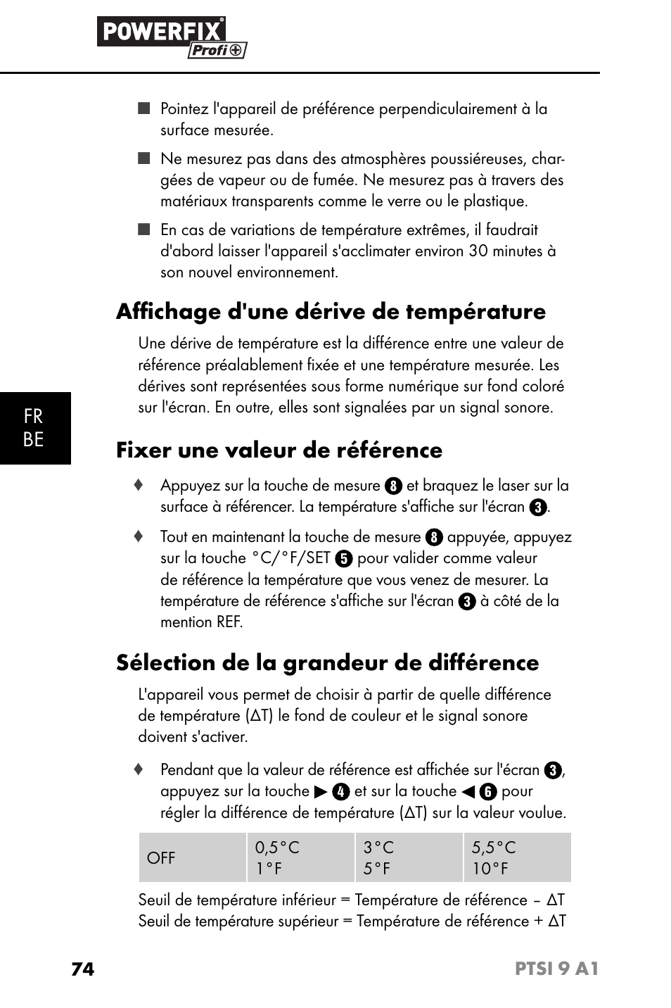 Aﬃ chage d'une dérive de température, Fixer une valeur de référence, Sélection de la grandeur de diﬀ érence | Fr be | Powerfix PTSI 9 A1 User Manual | Page 77 / 115