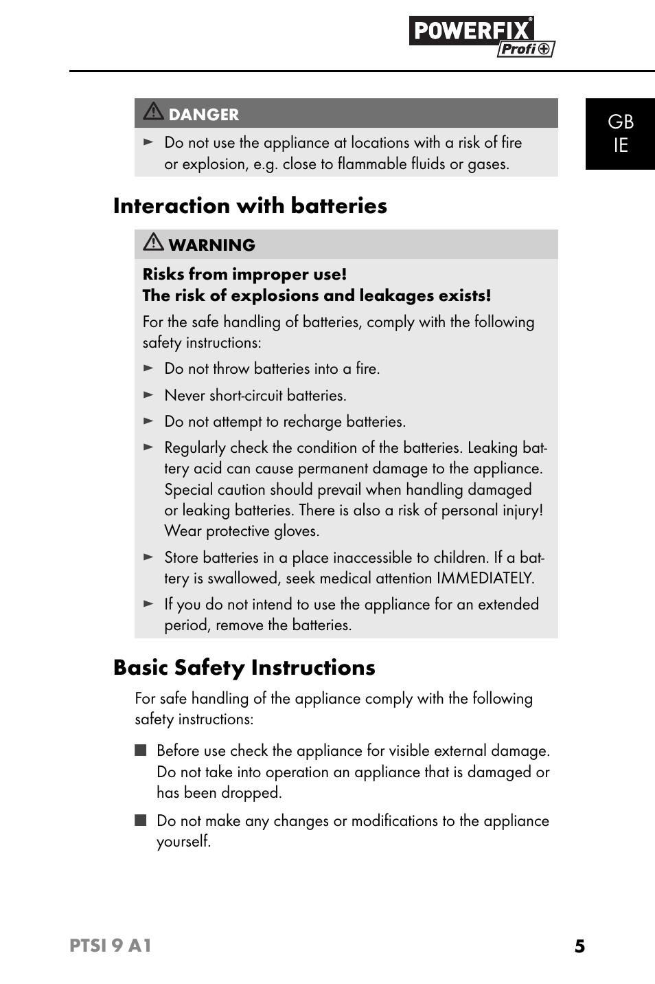 Interaction with batteries, Basic safety instructions, Gb ie | Powerfix PTSI 9 A1 User Manual | Page 8 / 115