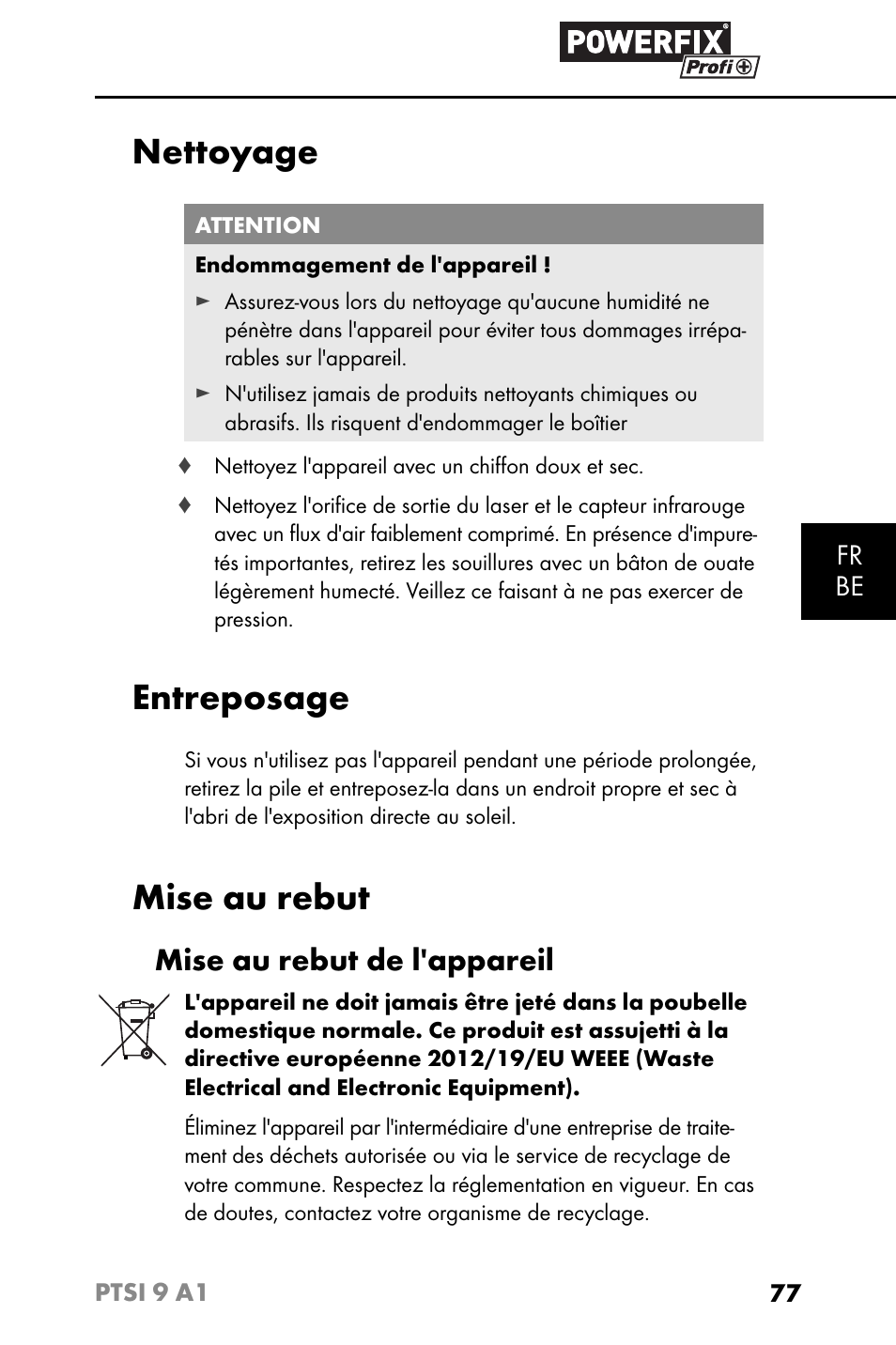 Nettoyage, Entreposage, Mise au rebut | Mise au rebut de l'appareil | Powerfix PTSI 9 A1 User Manual | Page 80 / 115
