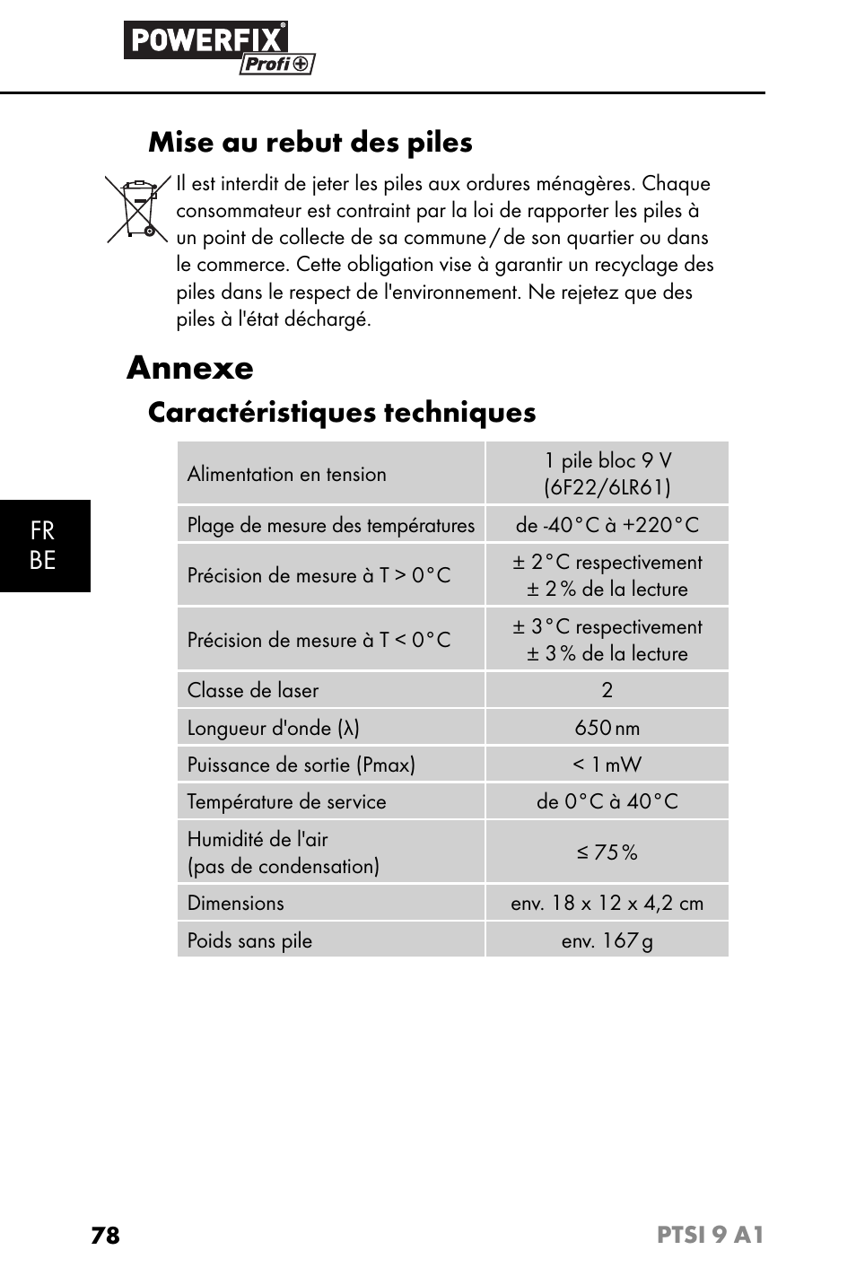 Annexe, Mise au rebut des piles, Caractéristiques techniques | Fr be | Powerfix PTSI 9 A1 User Manual | Page 81 / 115