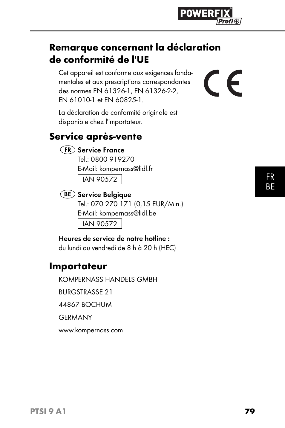 Service après-vente, Importateur, Fr be | Powerfix PTSI 9 A1 User Manual | Page 82 / 115