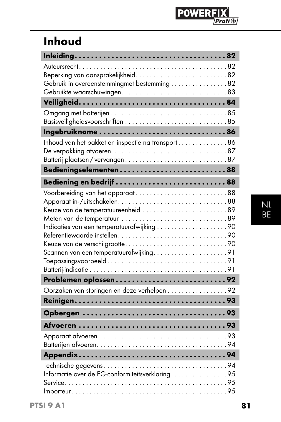 Inhoud, Nl be | Powerfix PTSI 9 A1 User Manual | Page 84 / 115